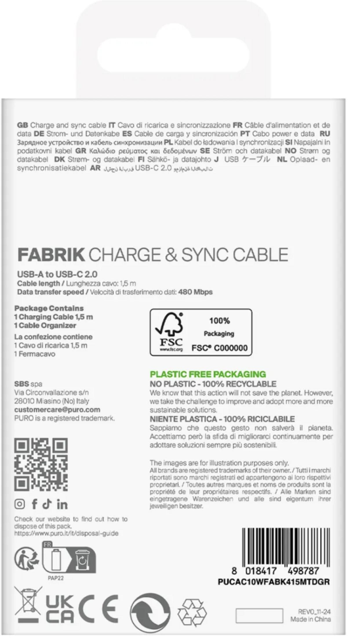 Verpackung eines USB-A zu USB-C Ladekabels mit FSC-Siegel und Recycling-Symbolen.