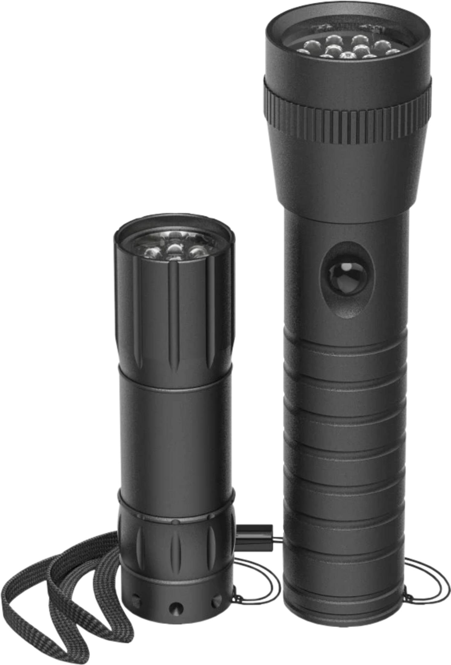 Zwei schwarze Taschenlampen unterschiedlicher Größe nebeneinander. Eine kleine mit Lanyard, eine größere mit Schalter.