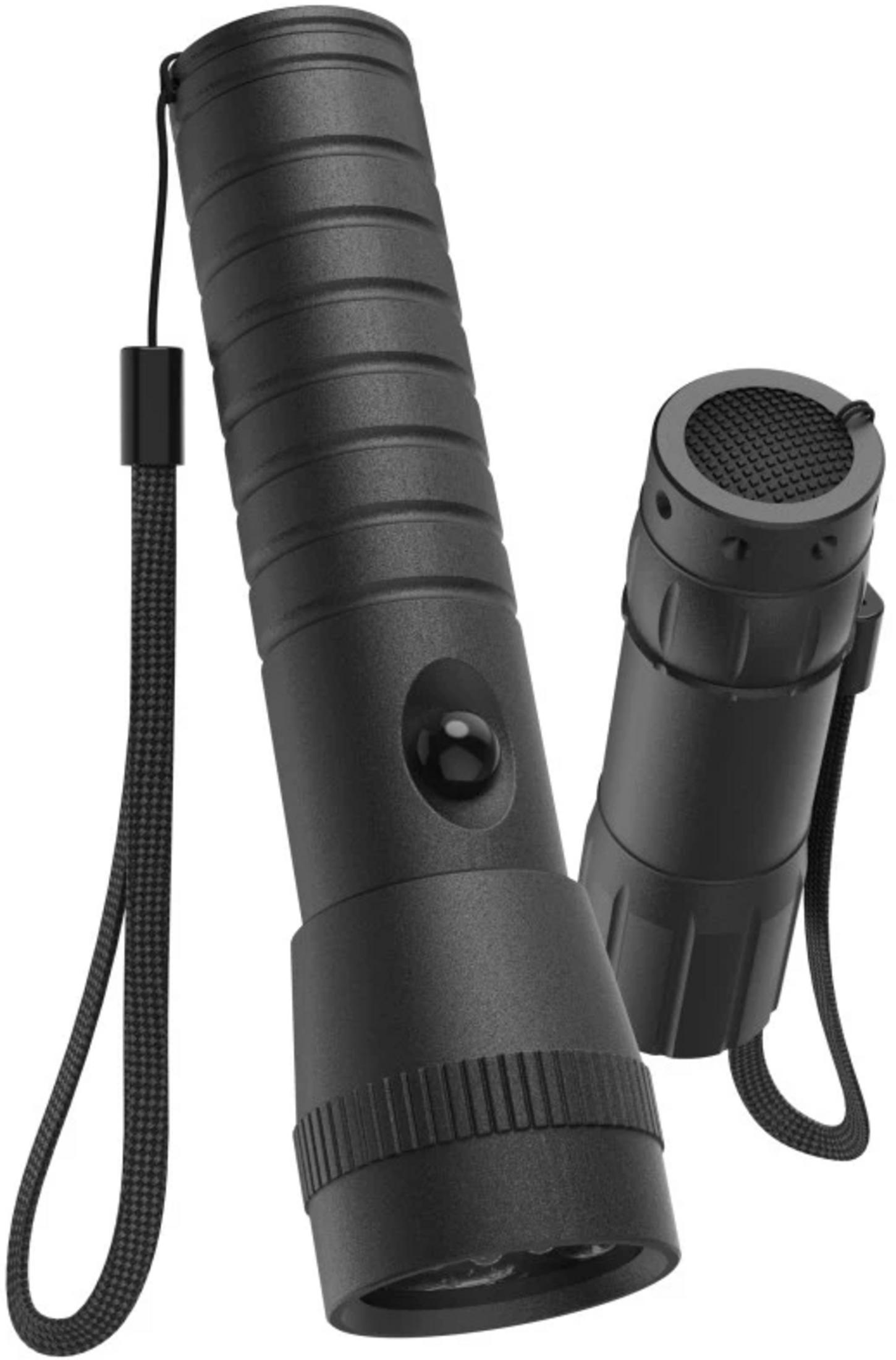Zwei schwarze Taschenlampen mit Riemen auf weißem Hintergrund.