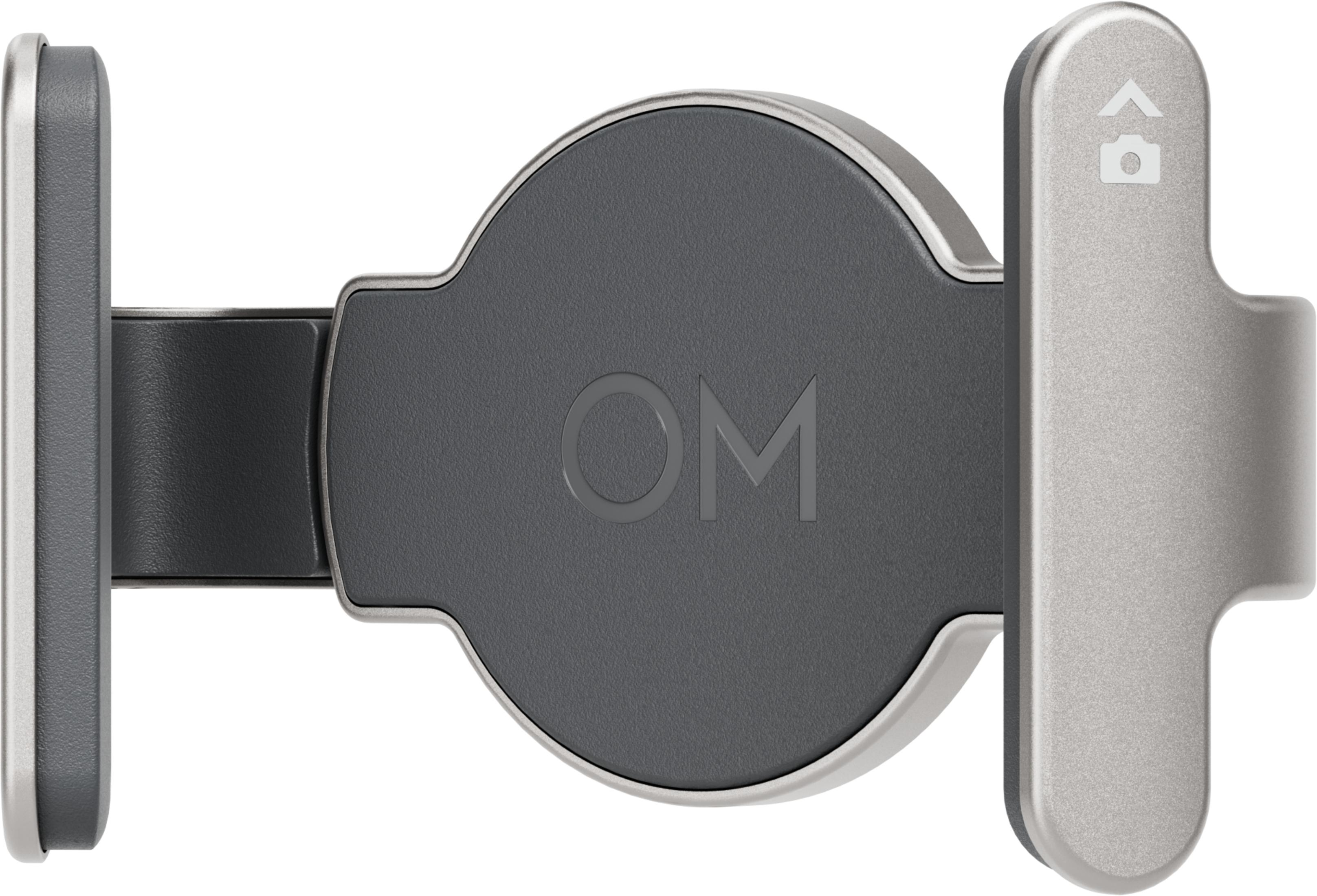Grauer Handyhalter mit OM-Logo und Kamera-Symbol.
