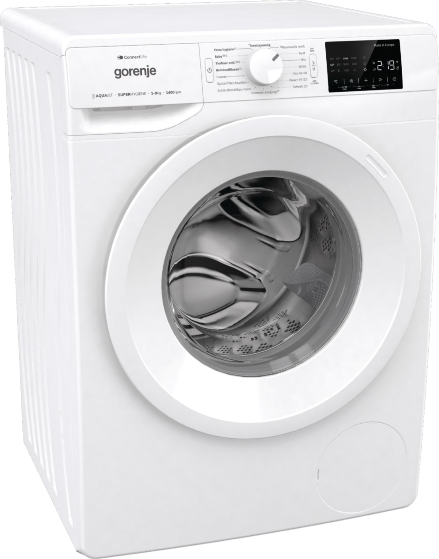 Eine weiße Gorenje Waschmaschine mit digitalem Display und runder Tür.