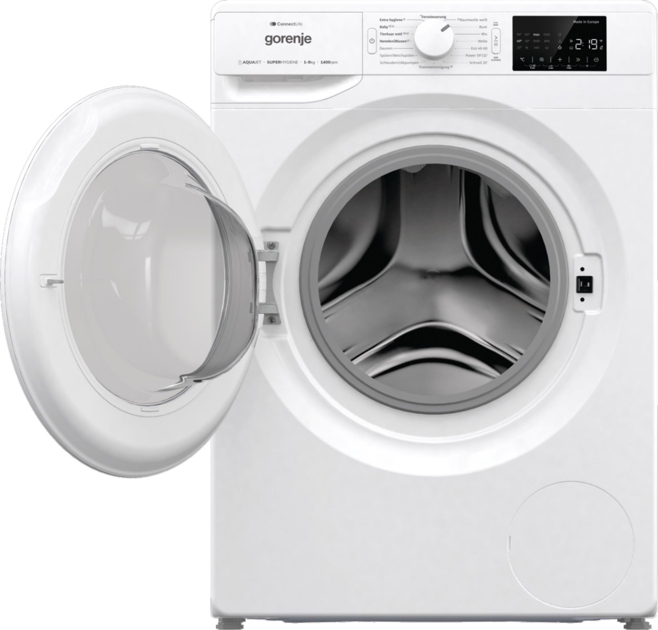 Eine weiße Gorenje Waschmaschine mit offener Tür und Trommel.