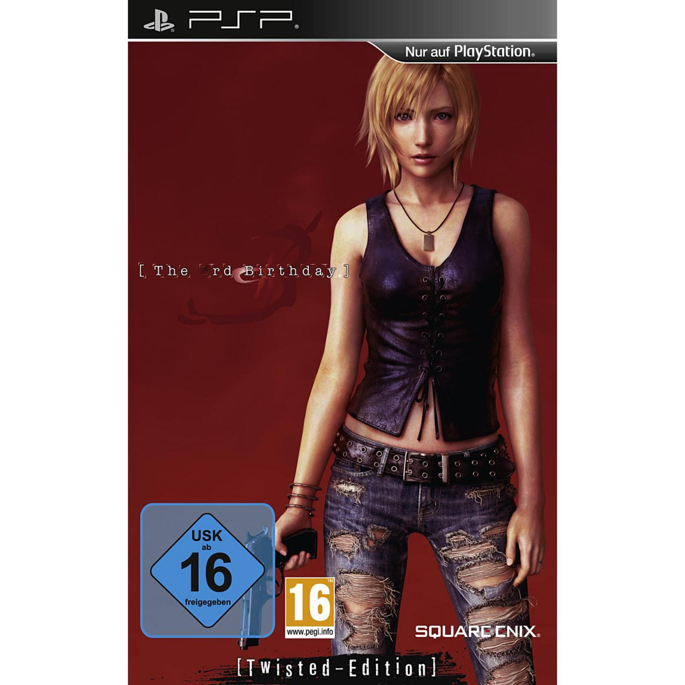 PSP-Spiel "The 3rd Birthday" mit Frau in zerrissener Jeans und Lederweste.