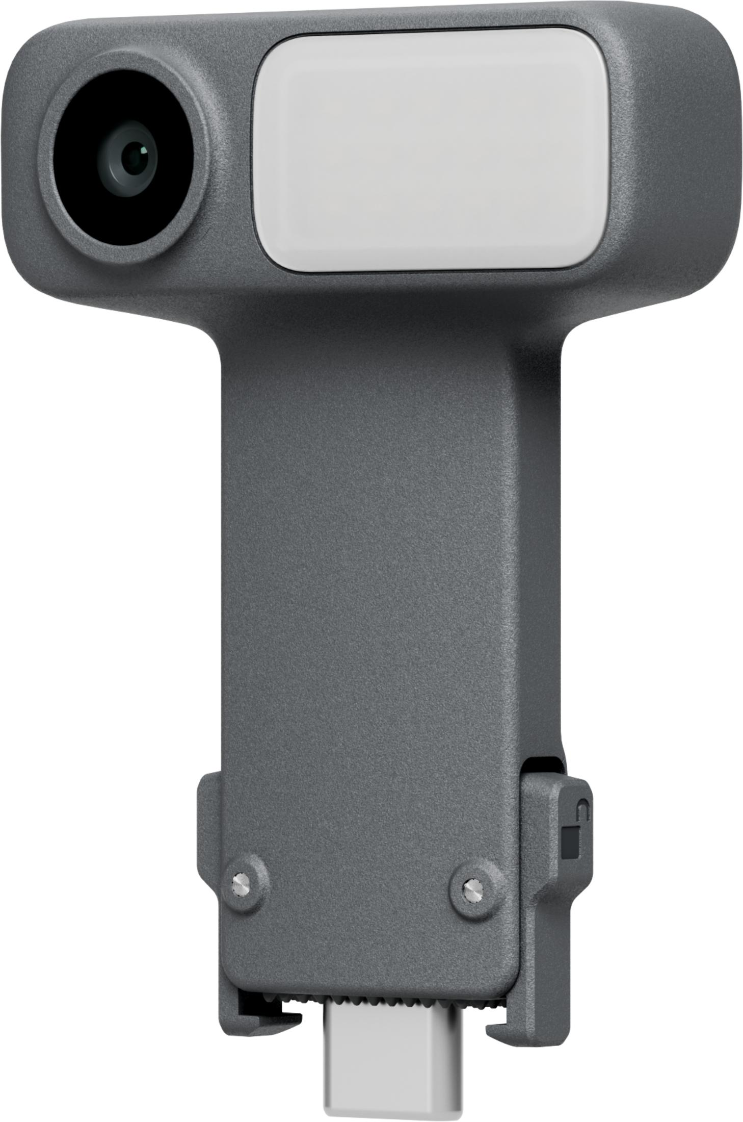 Szare, prostokątne urządzenie z obiektywem i białym prostokątnym panelem, podłączone do złącza USB-C.