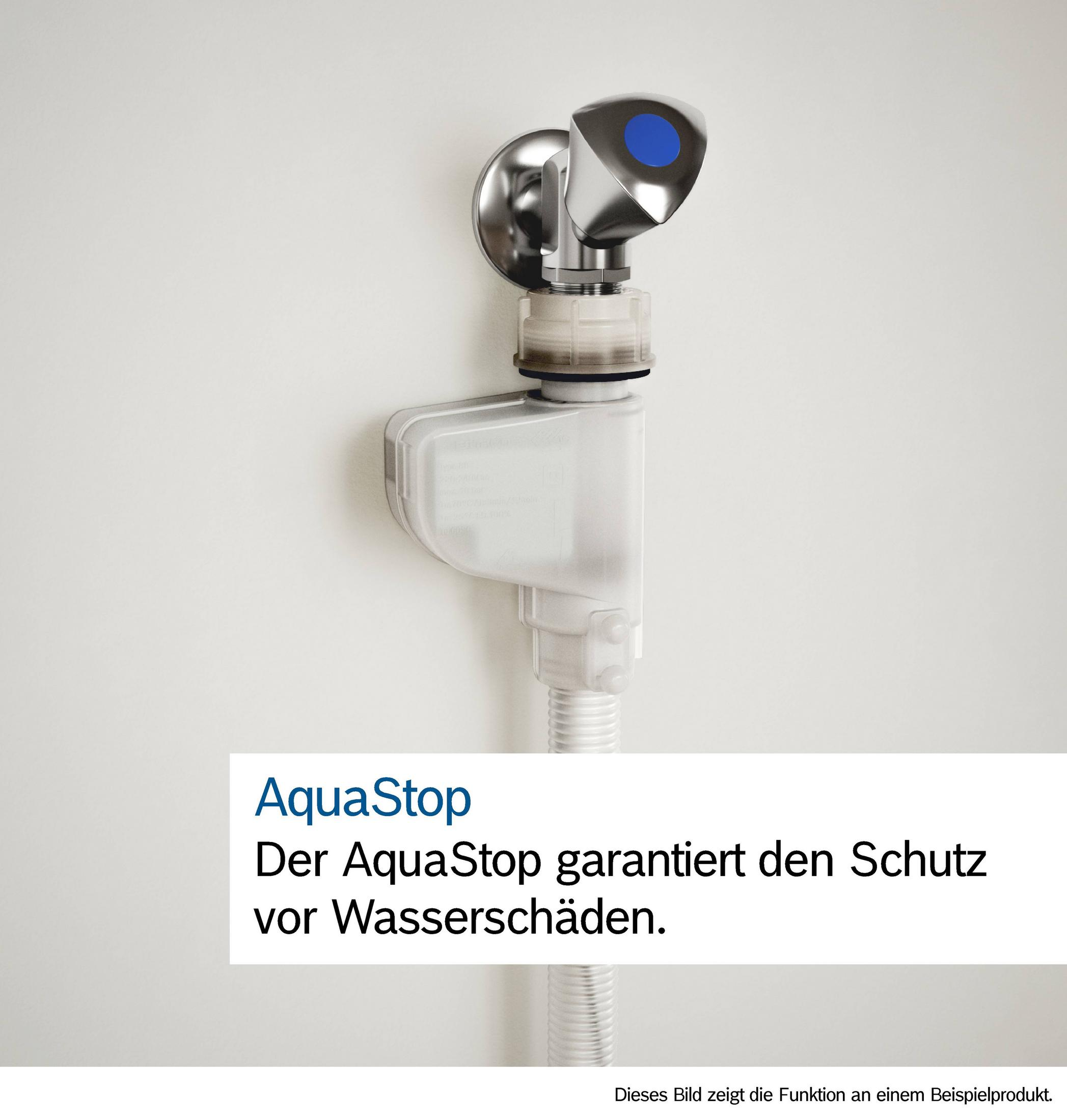 Ein AquaStop-Gerät mit blauem Knopf an einer weißen Wand montiert.
