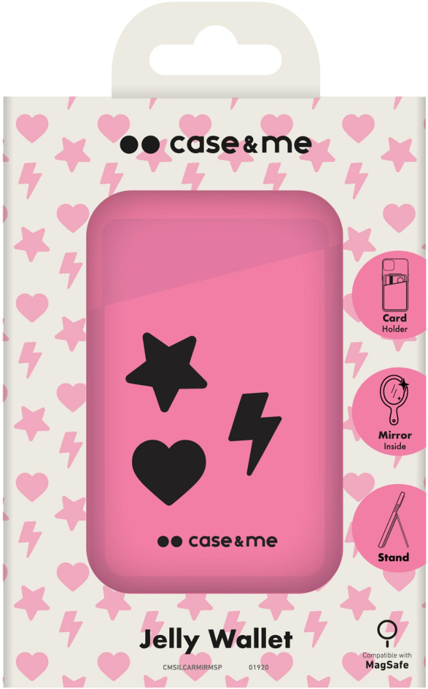 Empaque rosa Jelly Wallet con gráficos de estrellas, corazones y rayos.