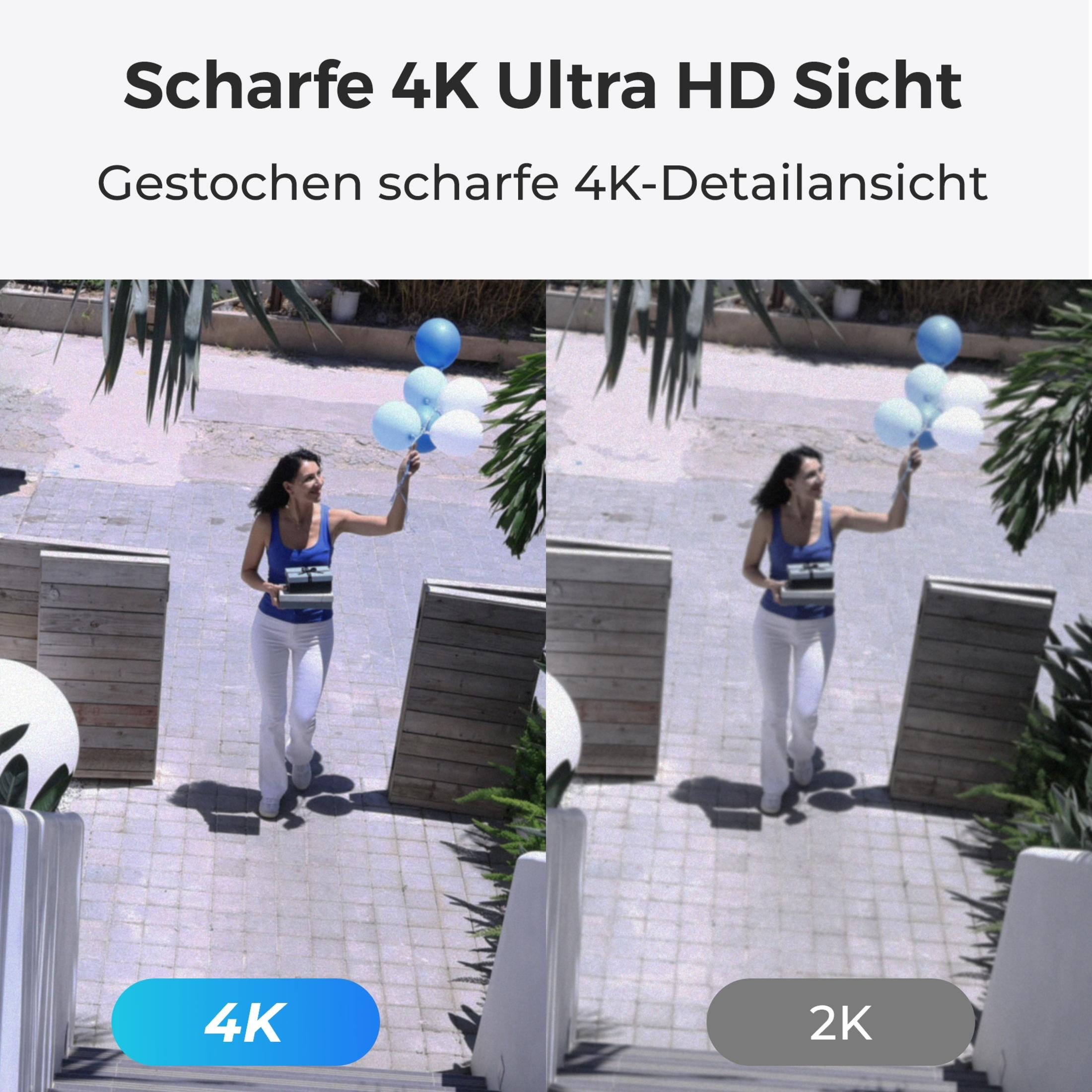 Donna tiene regali e palloncini in un confronto di vista 4K vs 2K.
