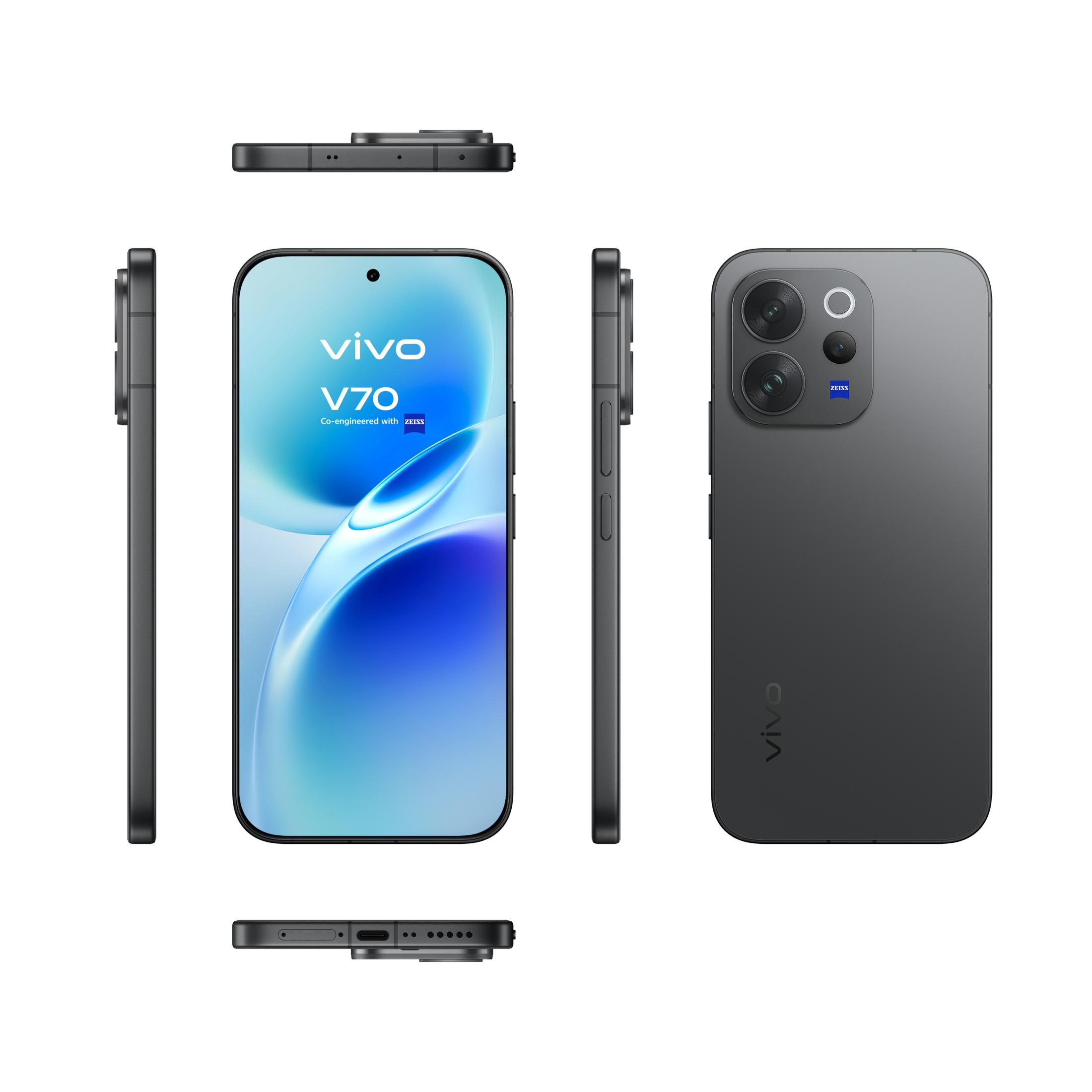 Mehrere Ansichten eines dunkelgrauen Vivo V70 Smartphones, Vorder-, Rück- und Seitenansichten.
