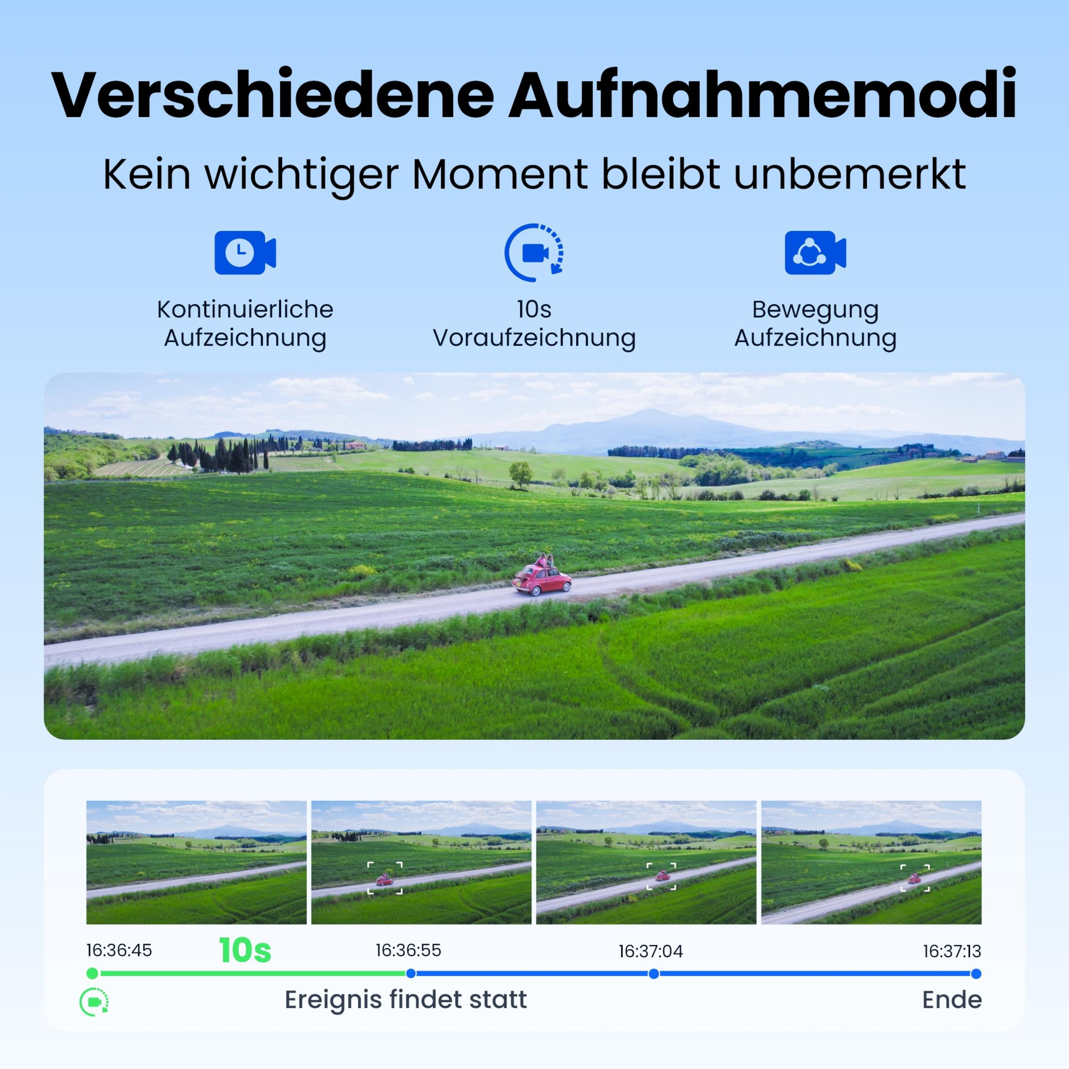 Paesaggio verde con un'auto rossa su una strada. Varie modalità di registrazione.