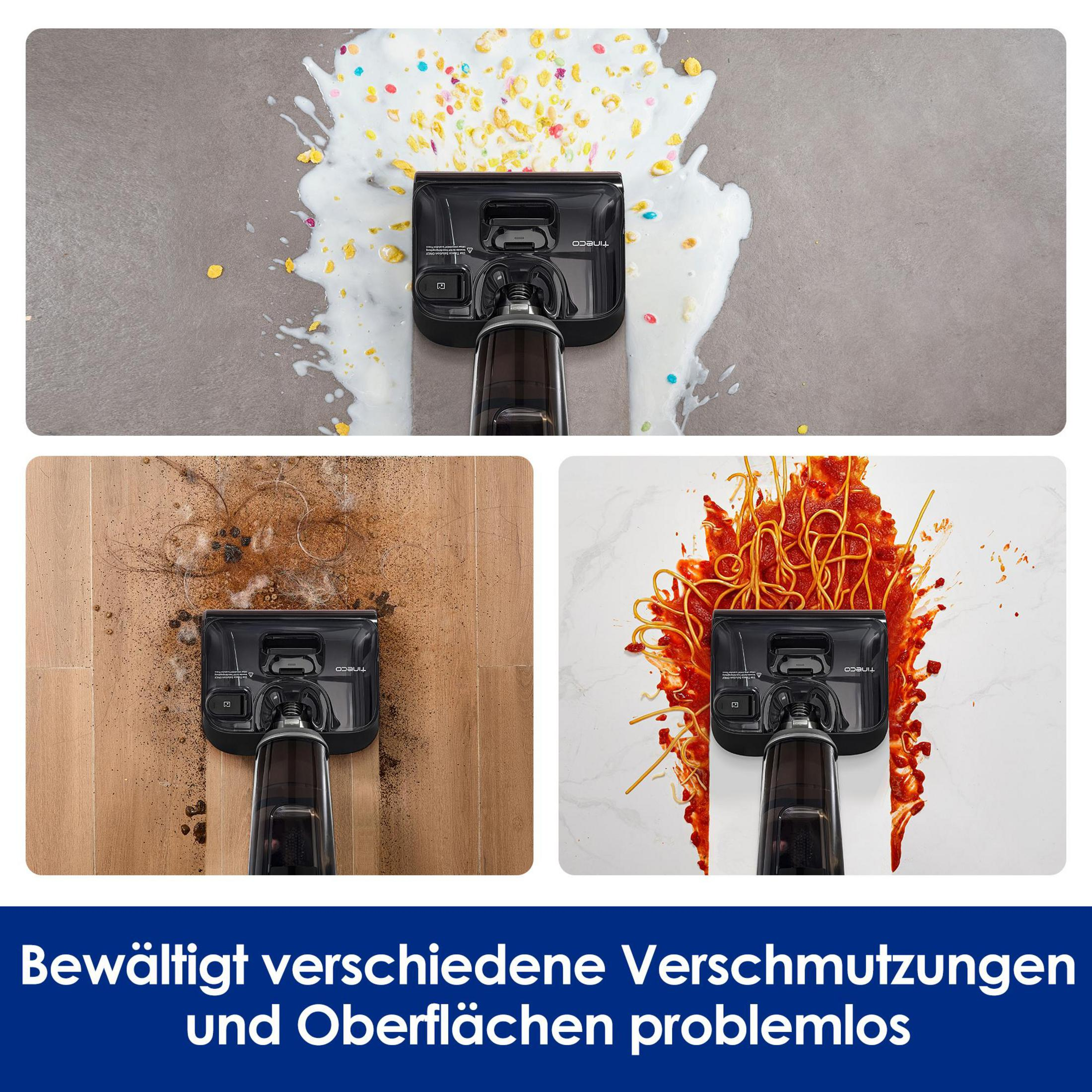 Sauger reinigt Eiscreme, Schmutz und Spaghetti auf verschiedenen Böden.