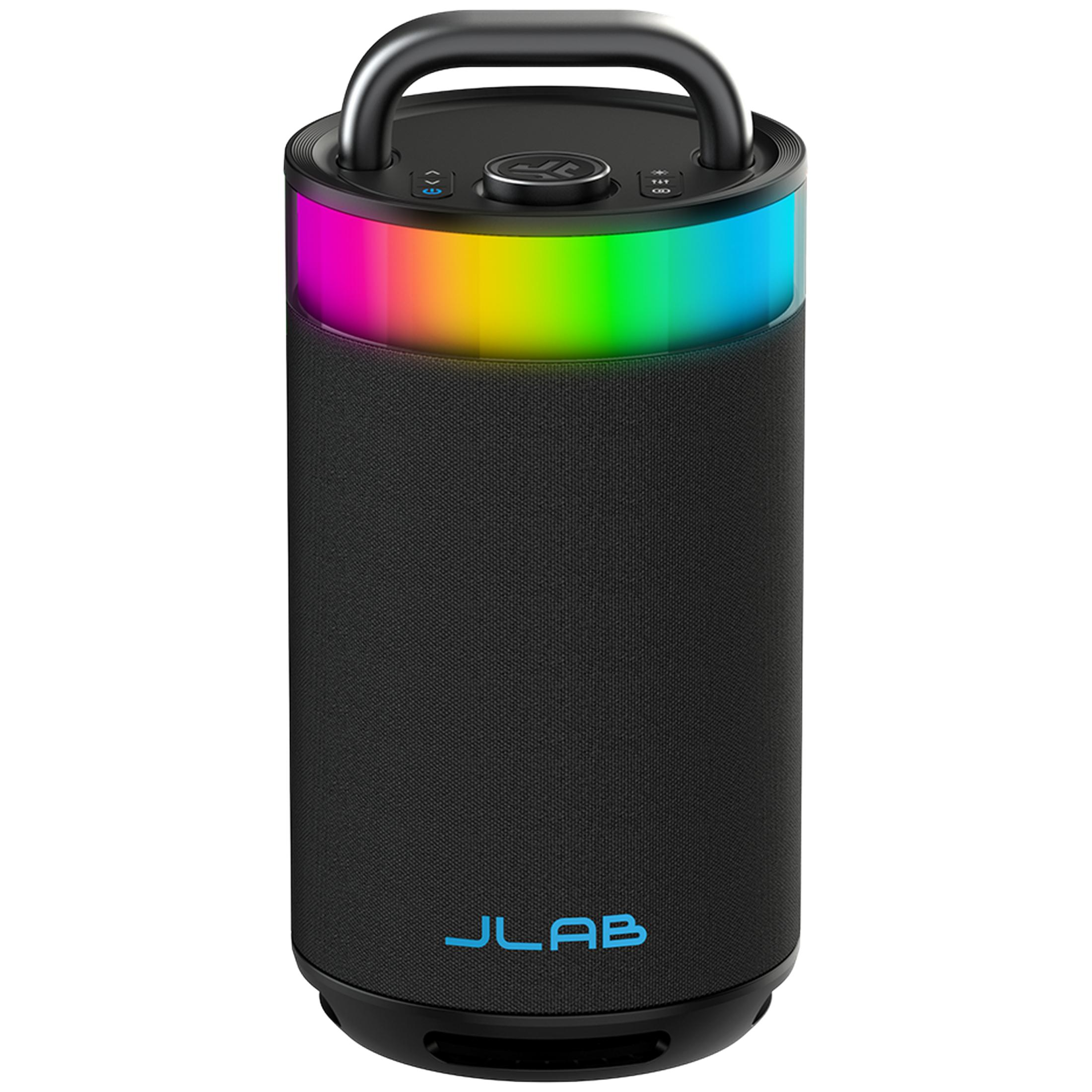 Schwarzer Lautsprecher mit Regenbogen-LED-Licht und Tragegriff.