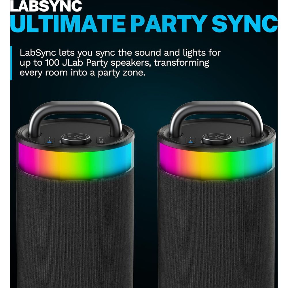 Zwei schwarze Lautsprecher mit Regenbogen-LED-Lichtring und Griff.