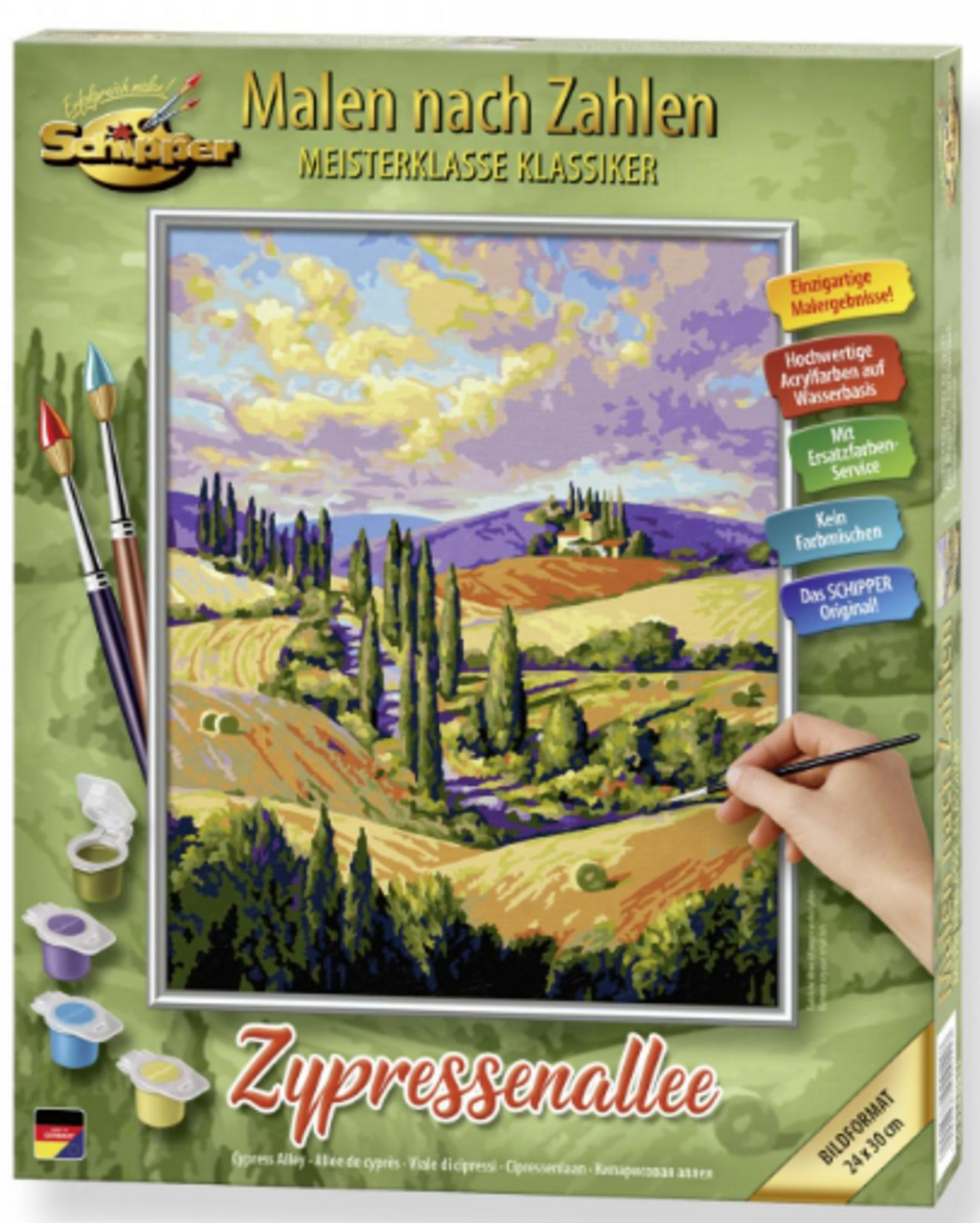 Malset: Zypressenallee, eine Landschaftsmalerei mit Zypressen und Hügeln.