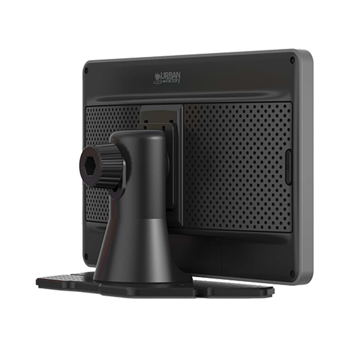 Vista posteriore di un monitor nero con fori di ventilazione e supporto.