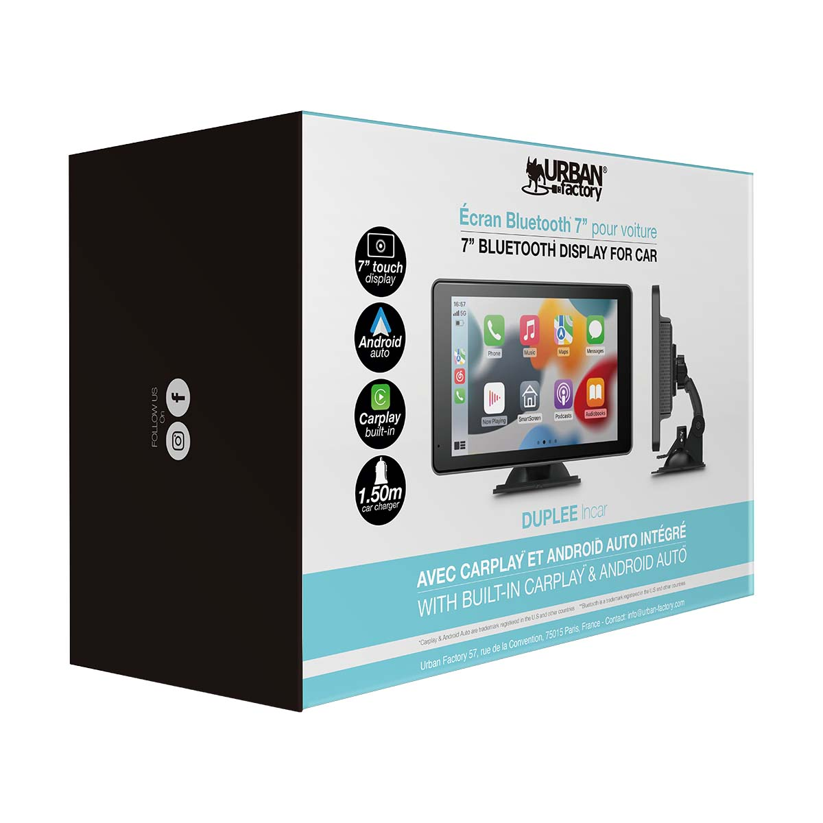 Confezione di un display per auto da 7 pollici con Carplay e Android Auto.