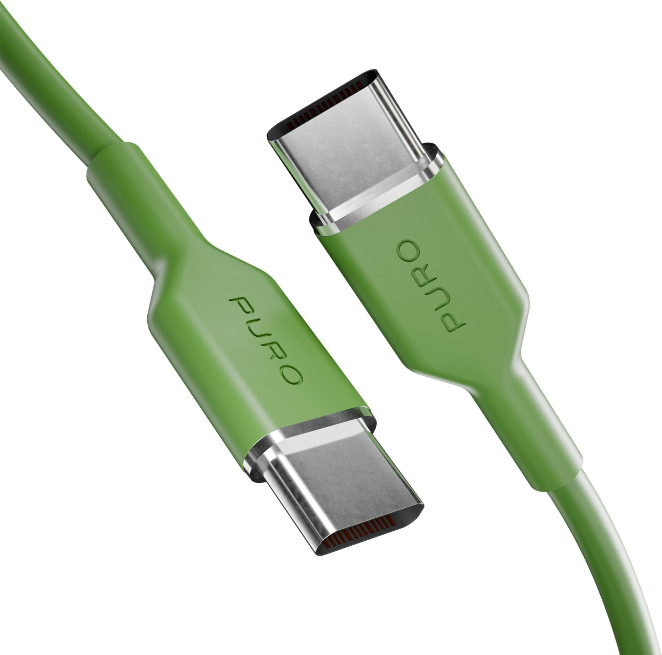 Due cavi USB-C verdi con connettori argentati e marchio Puro.
