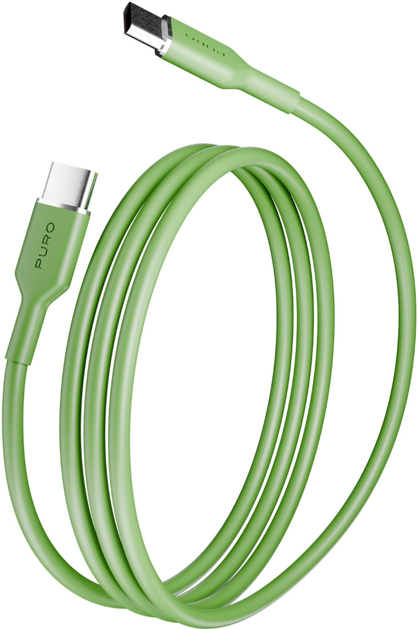 Un cavo USB-C verde chiaro con due connettori, su sfondo bianco.