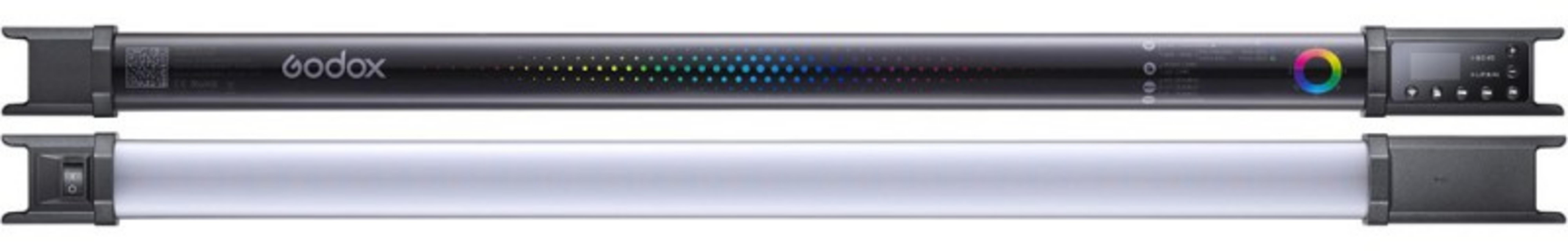 Zwei Godox-Leuchten: eine mit Farb-LEDs und eine weiße. Dunkles Gehäuse.