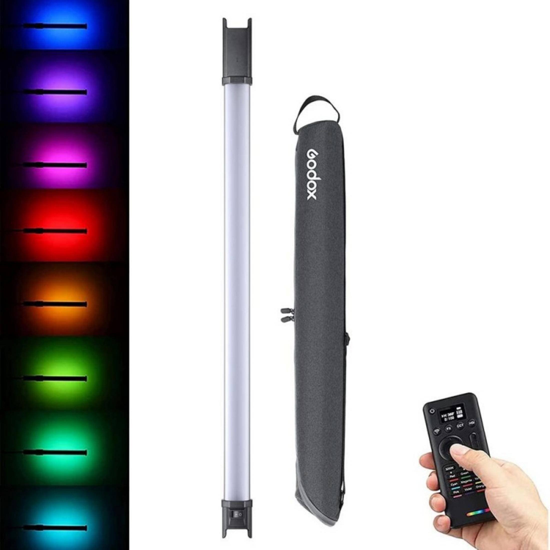 Ein tragbares LED-Licht mit Farboptionen, Tragetasche und Fernbedienung.