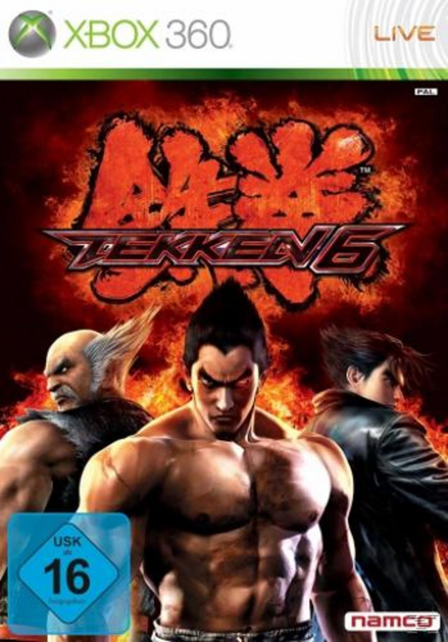 Tekken 6 Cover: Drei Kämpfer im Vordergrund, Xbox 360 Logo, USK 16 Siegel.