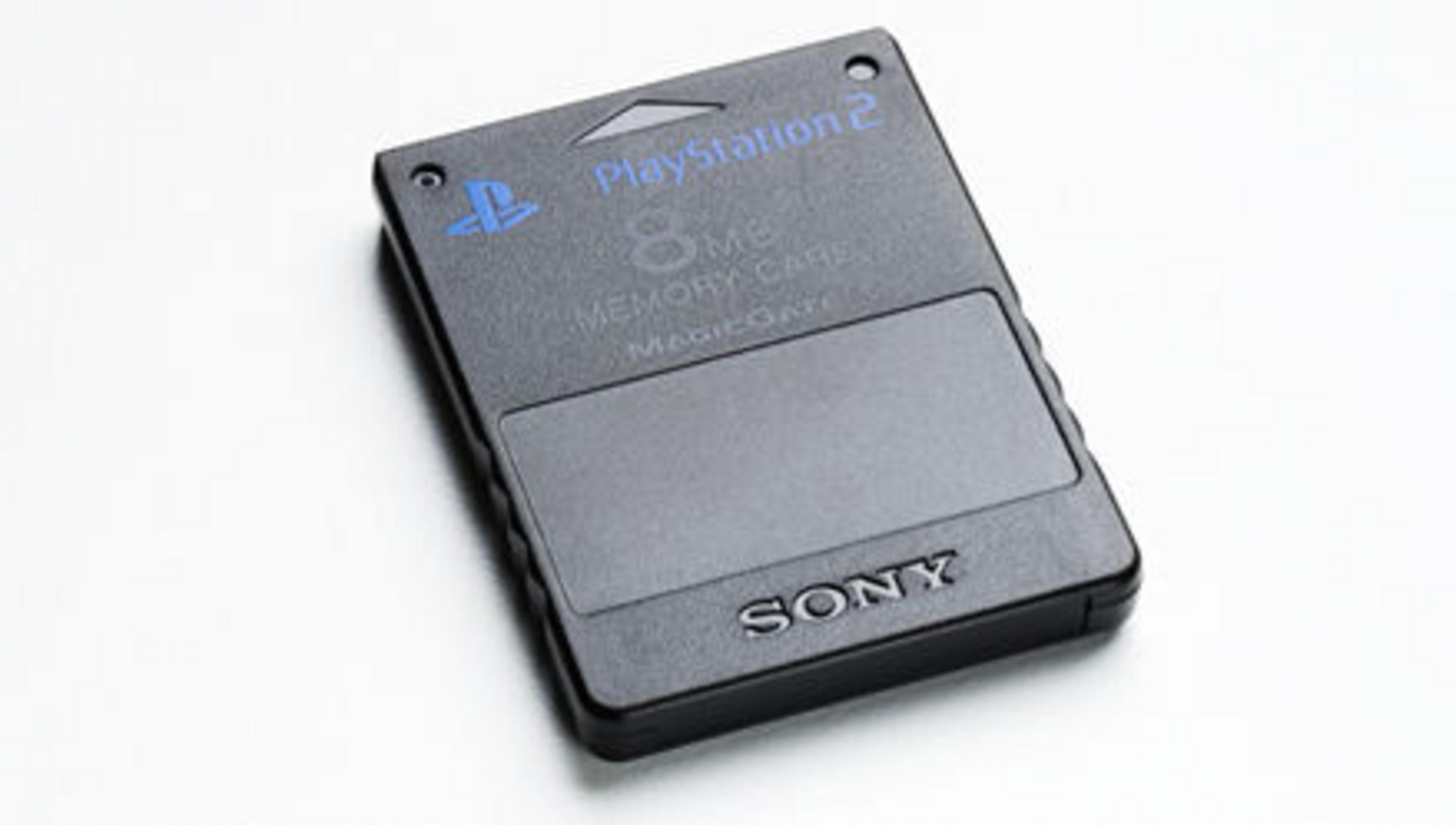 Eine schwarze PlayStation 2 Memory Card mit 8 MB Speicher, Sony MagicGate.