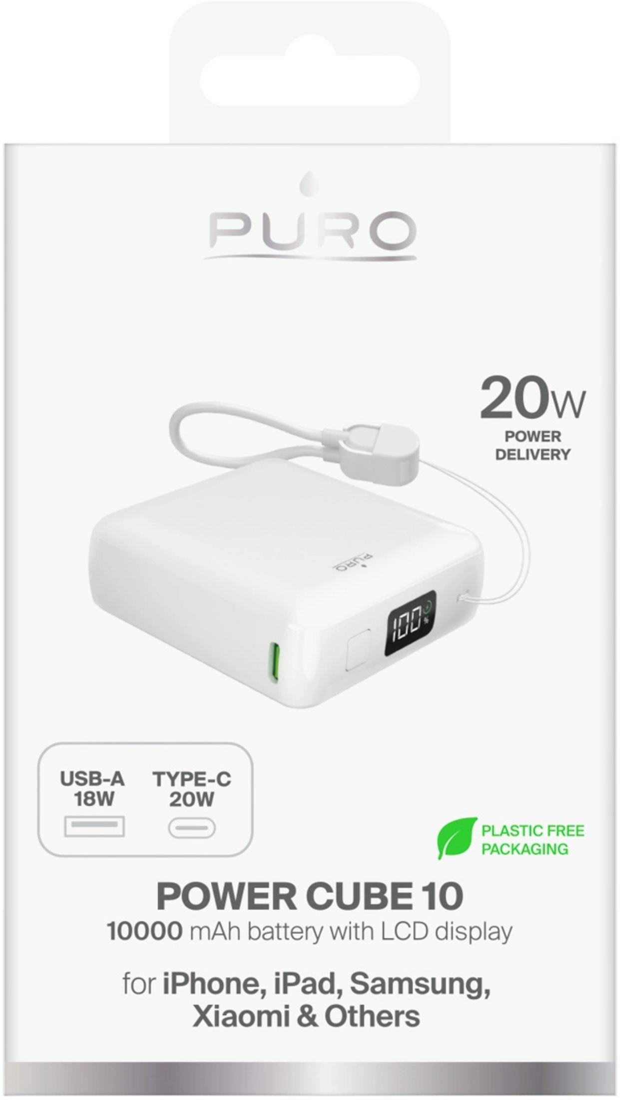 Power bank bianca 10000 mAh, display LCD, 20W PD, porte USB-A e Type-C.