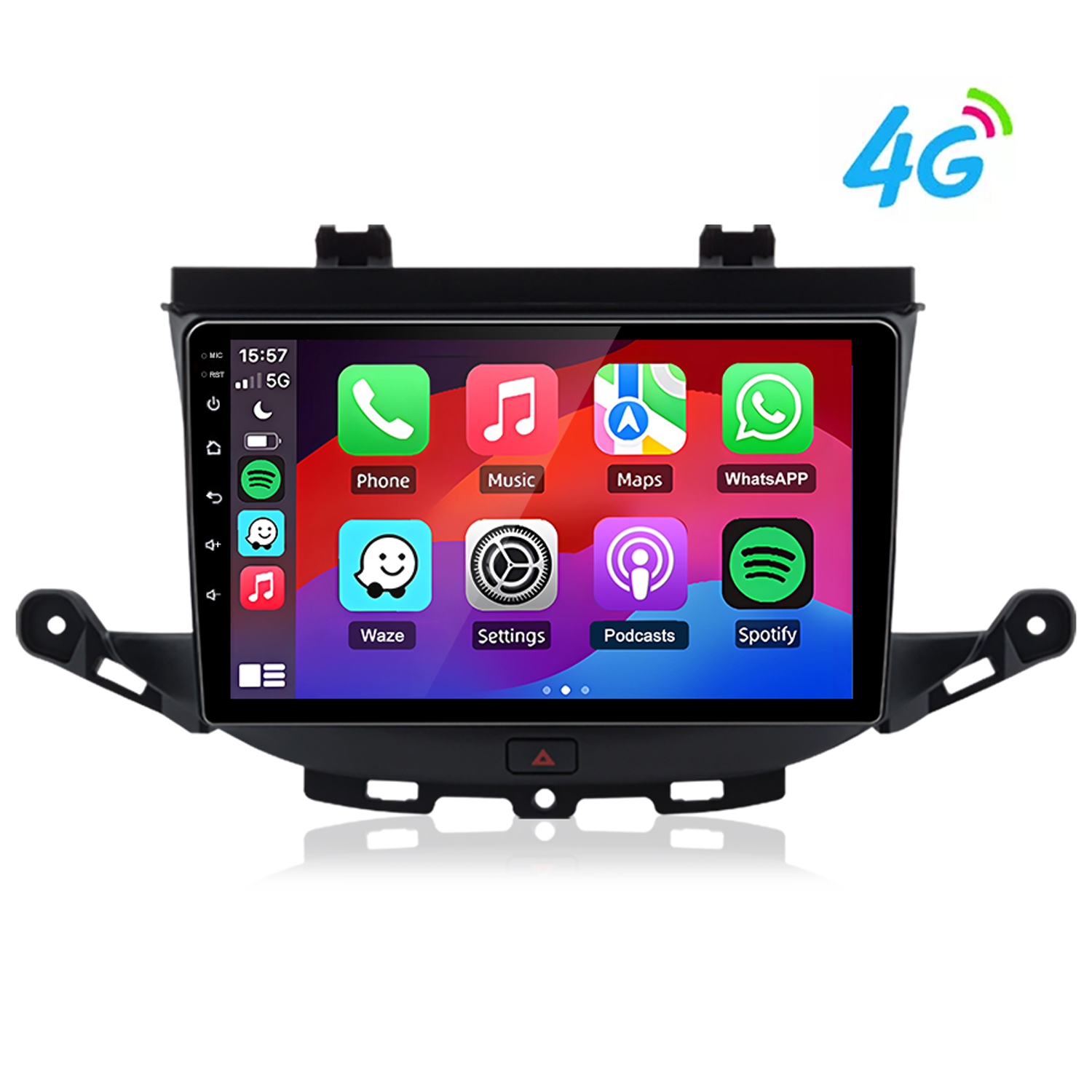 Un sistema de infoentretenimiento para coche con pantalla táctil que muestra iconos de apps.