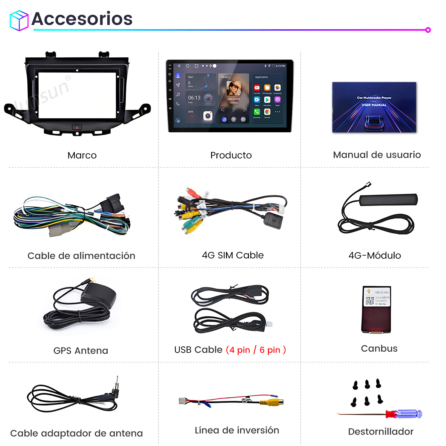 Accesorios del vehículo: marco, pantalla táctil, manual, cables, antenas, canbus, destornillador.