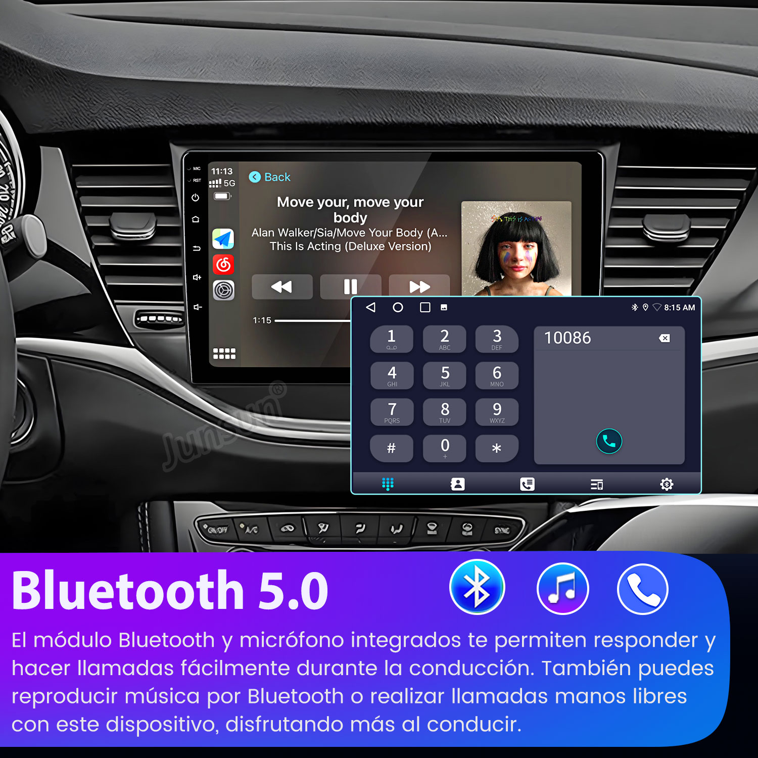Un sistema de infoentretenimiento para coche muestra música y un teclado numérico.