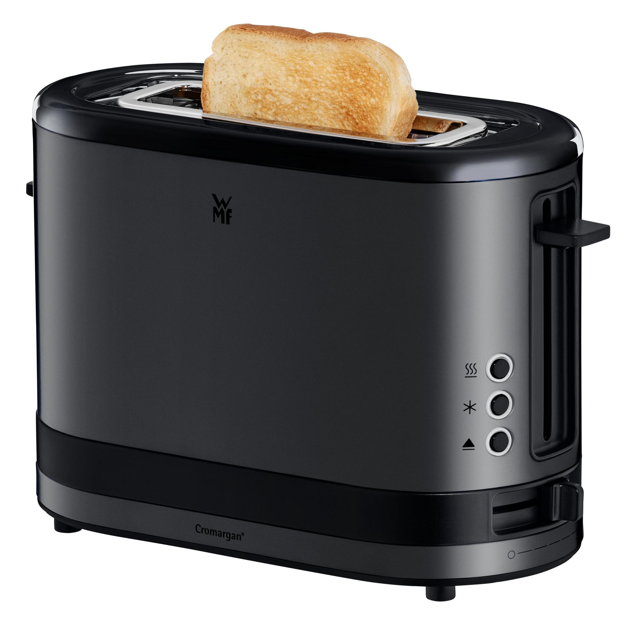 Ein schwarzer Toaster mit einem goldenen Toastbrot.