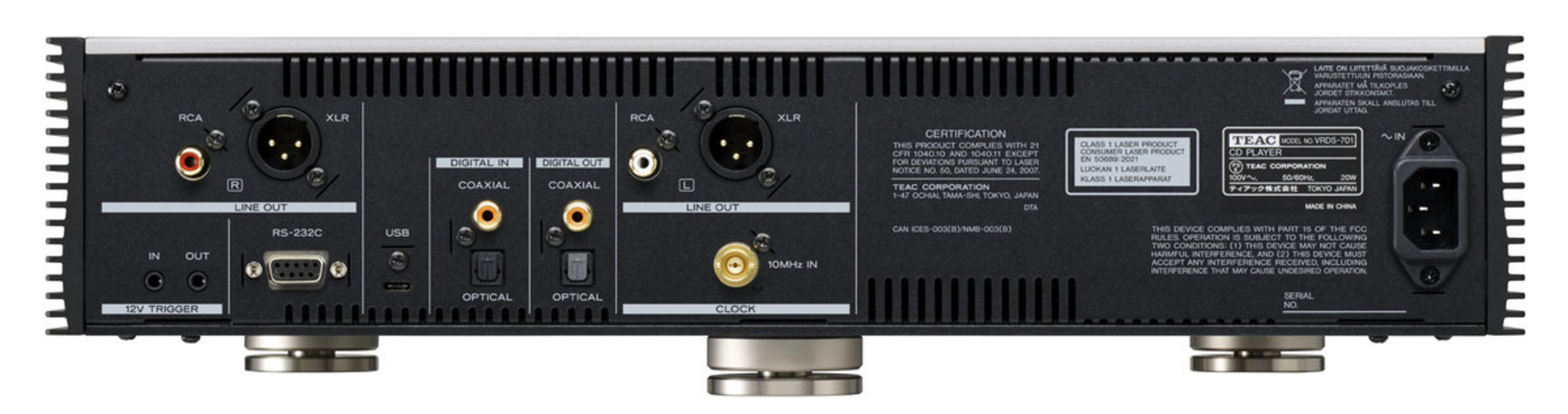 Rückseite eines TEAC CD-Players mit Anschlüssen wie RCA, XLR, USB, Digital In/Out, 12V Trigger.