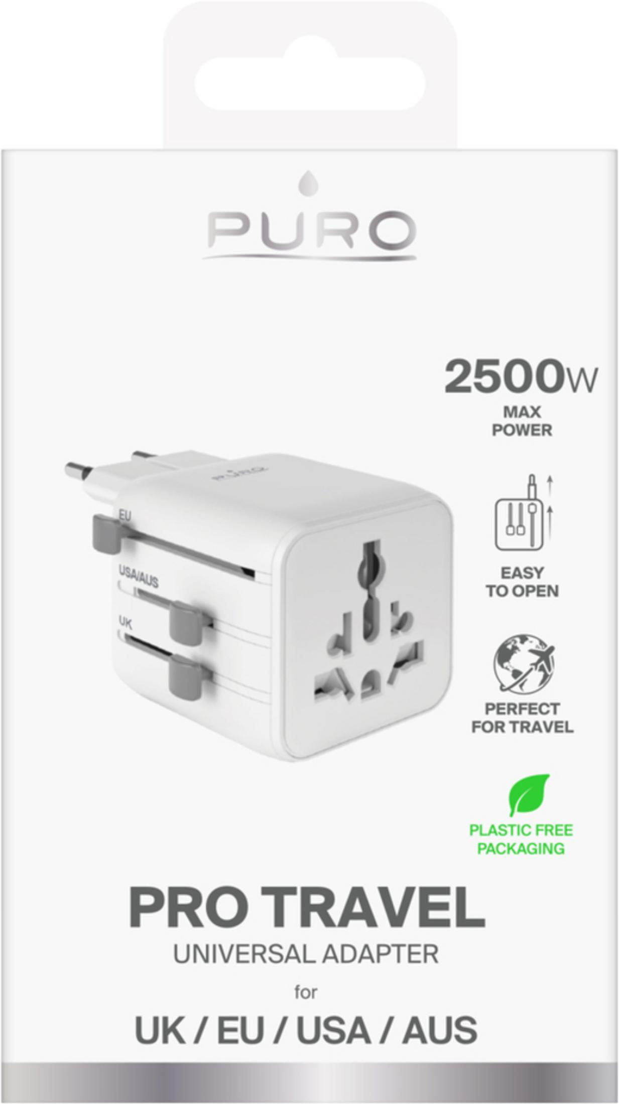 Weißer Reiseadapter mit mehreren Steckplätzen, beschriftet mit UK/EU/USA/AUS.