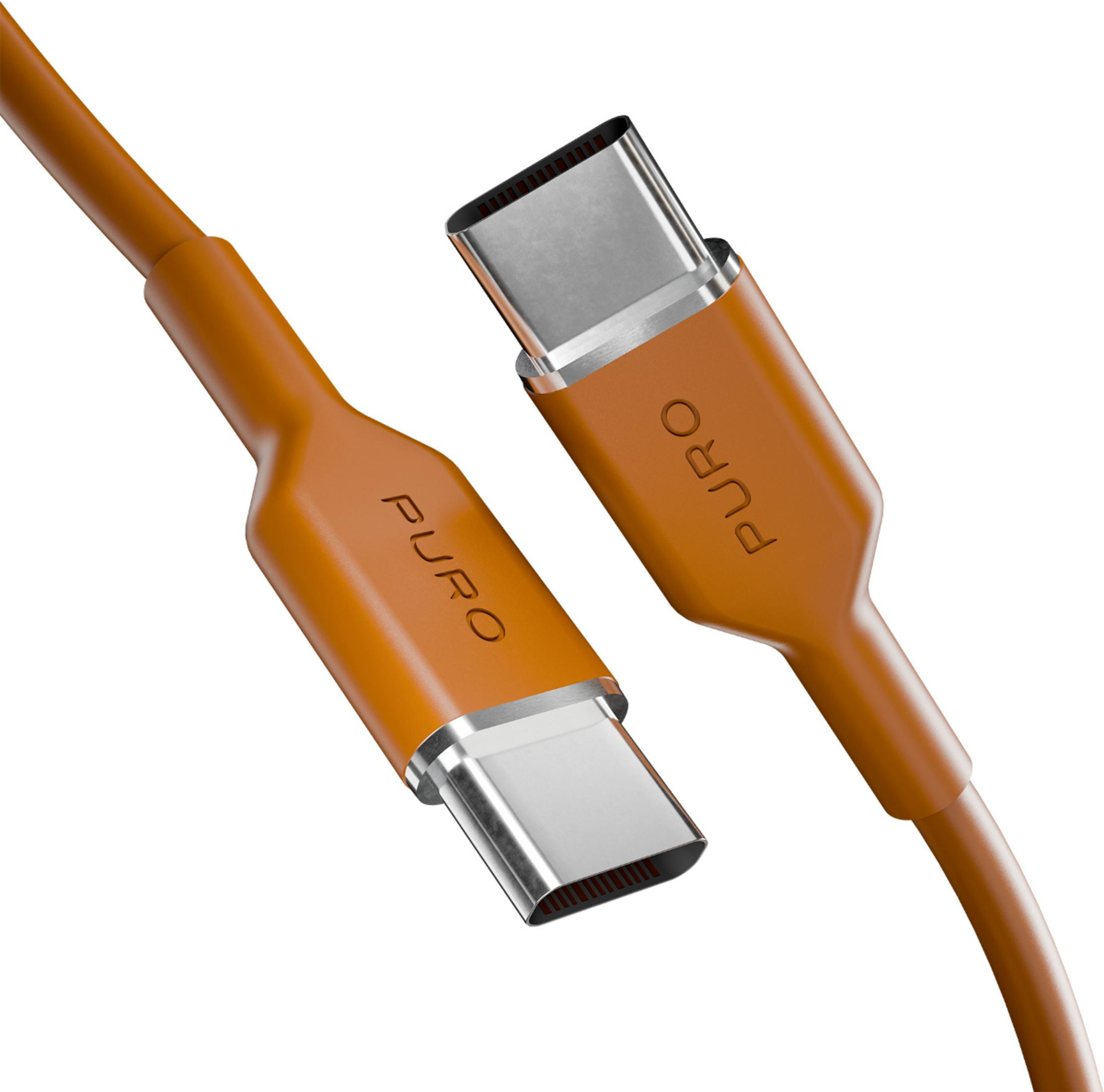 Due cavi USB-C arancioni con connettori argentati su sfondo bianco.