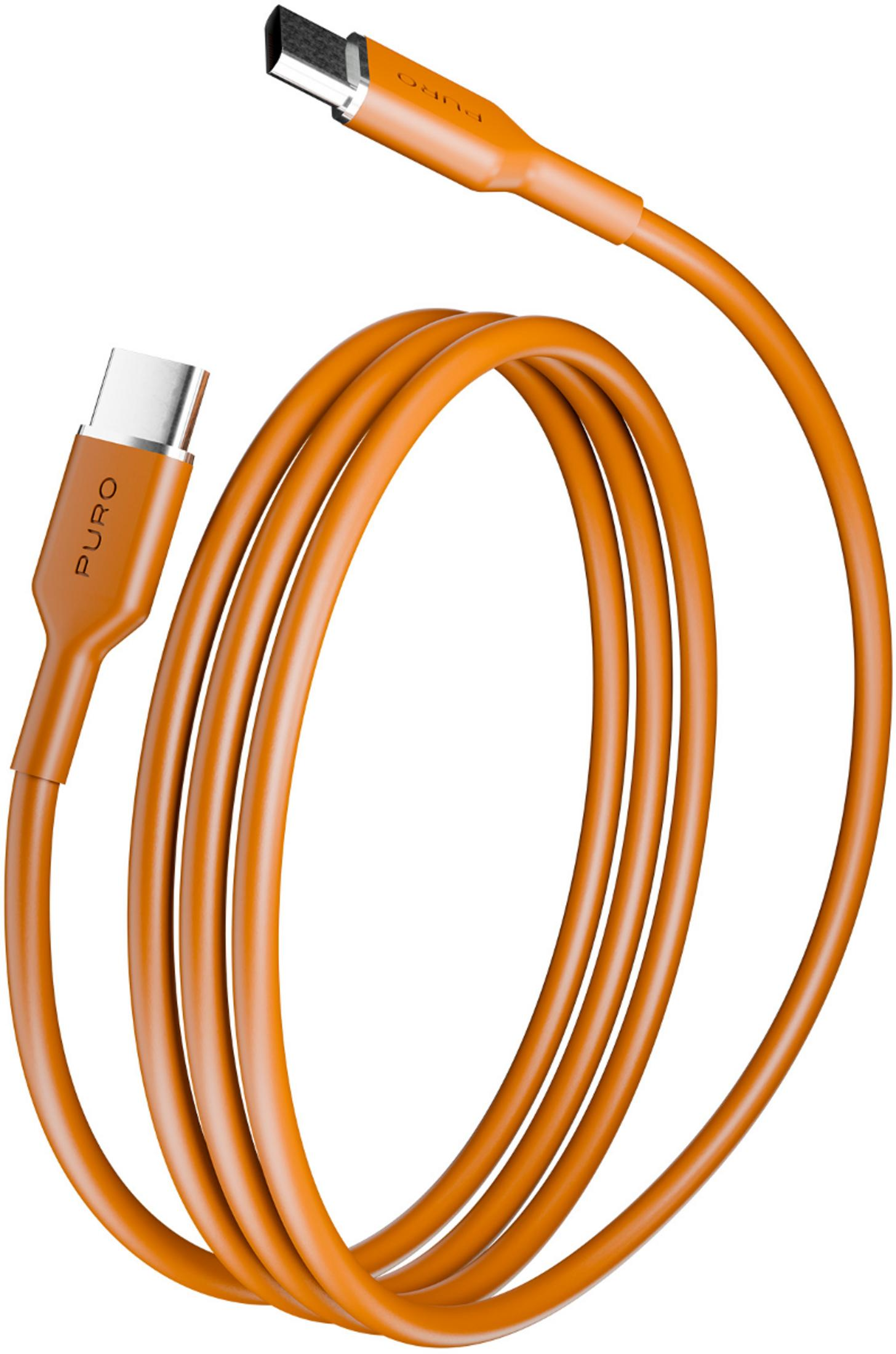 Un cavo USB-C arancione con logo Puro su sfondo bianco.