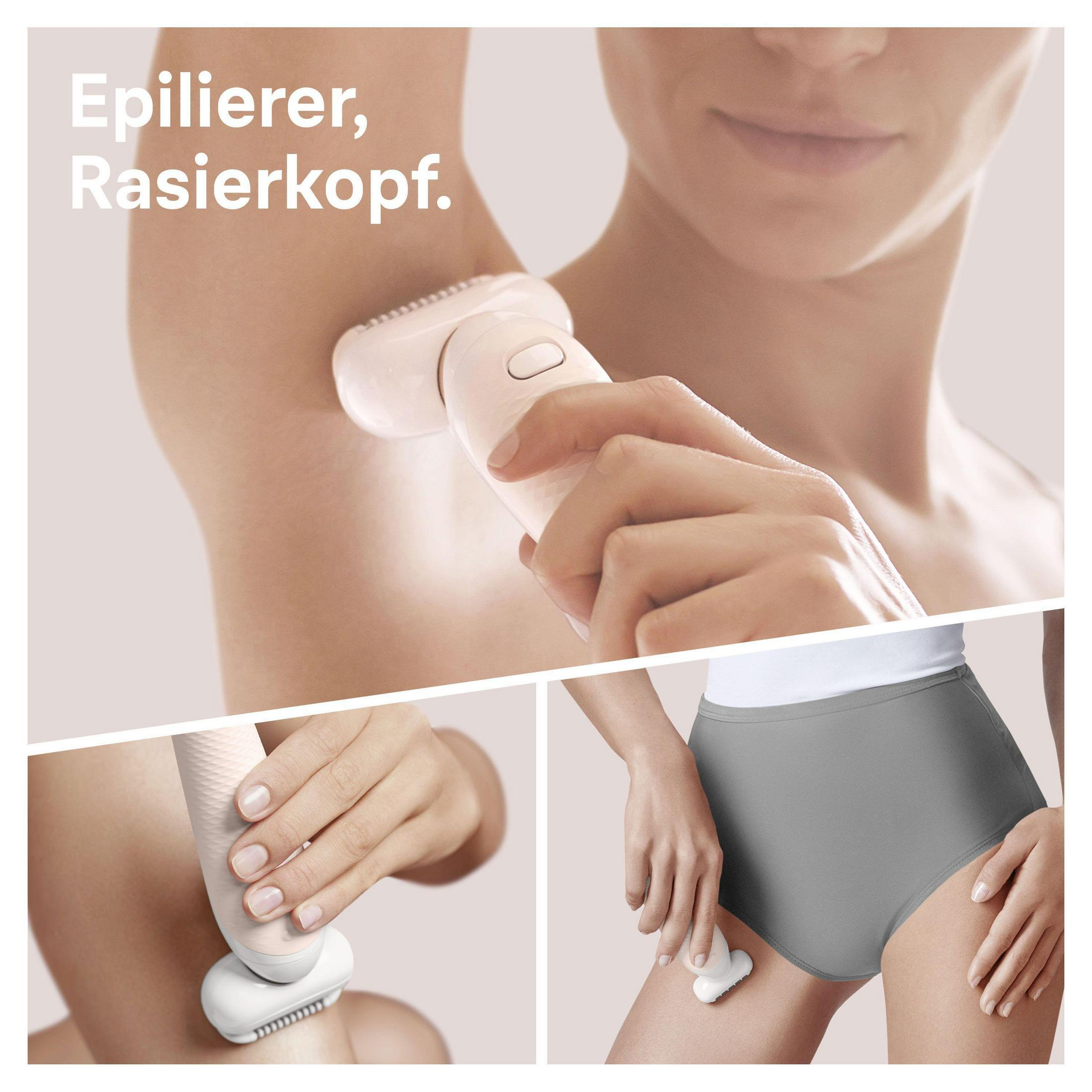 Nahaufnahme einer Frau, die einen Epilierer benutzt, um Achseln und Beine zu rasieren.