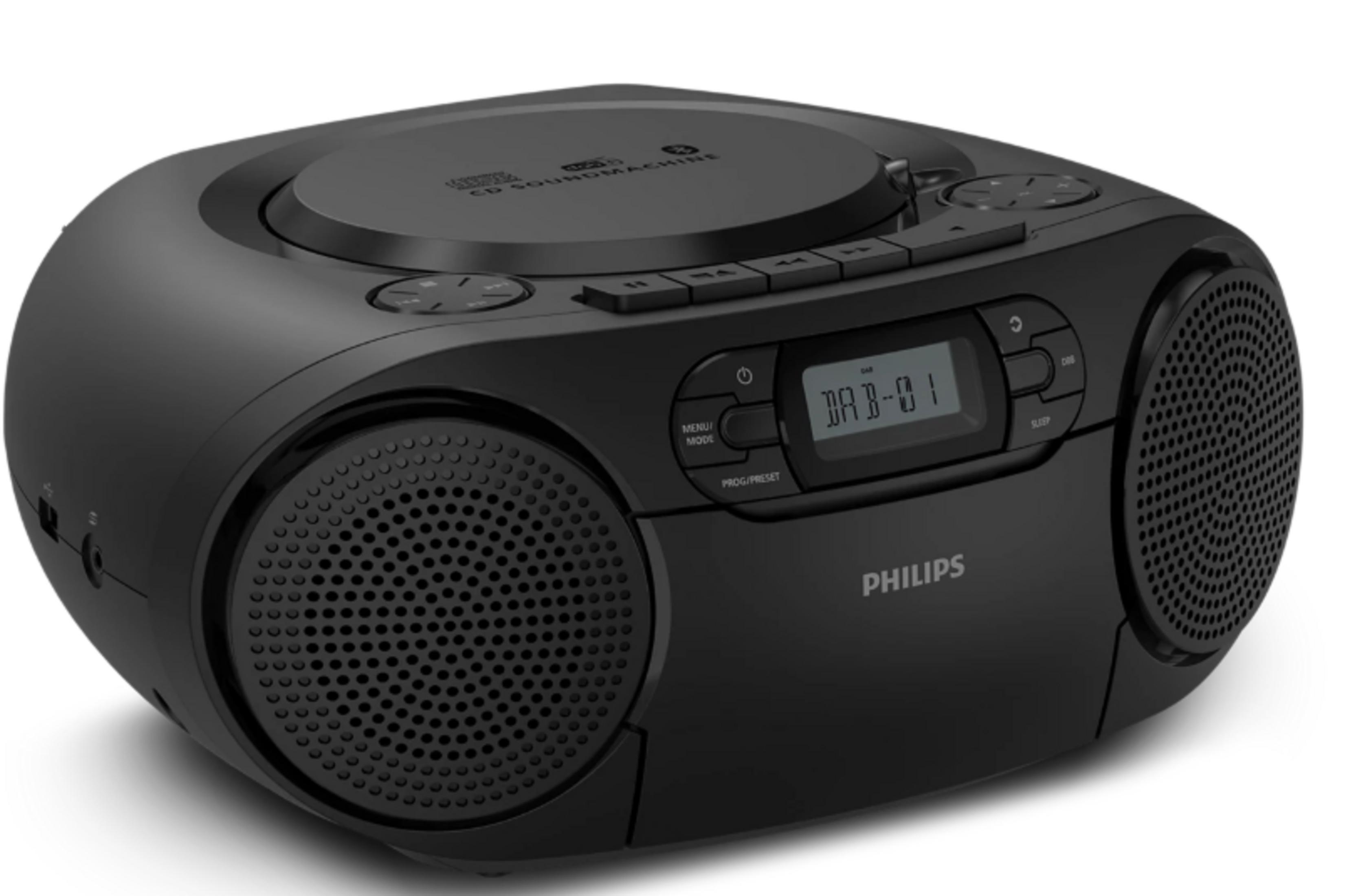 Schwarzer Philips CD-Soundmachine mit Lautsprechern und LC-Display.
