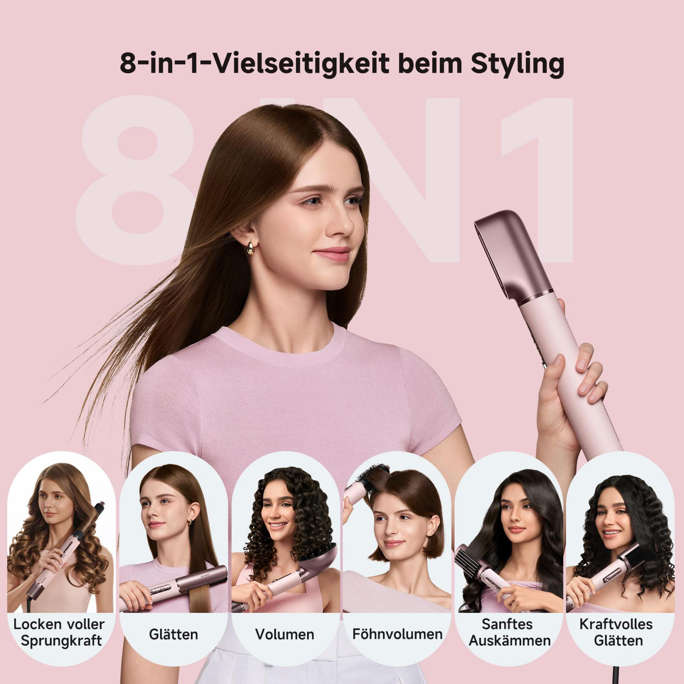 Donne acconciano i capelli con un dispositivo di styling rosa 8 in 1 per vari look.