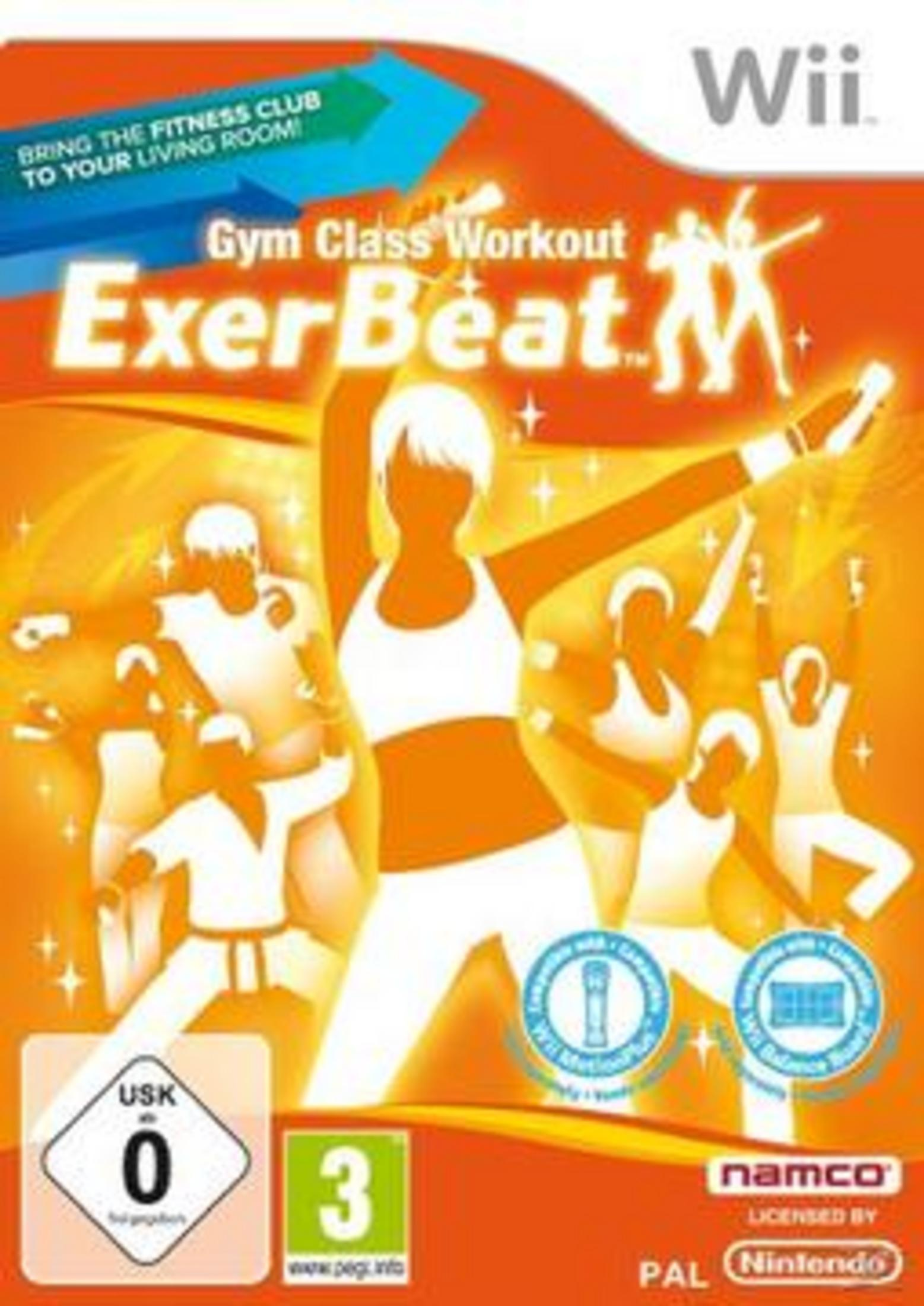 Cover von Wii ExerBeat: Gym Class Workout mit tanzenden Silhouetten.