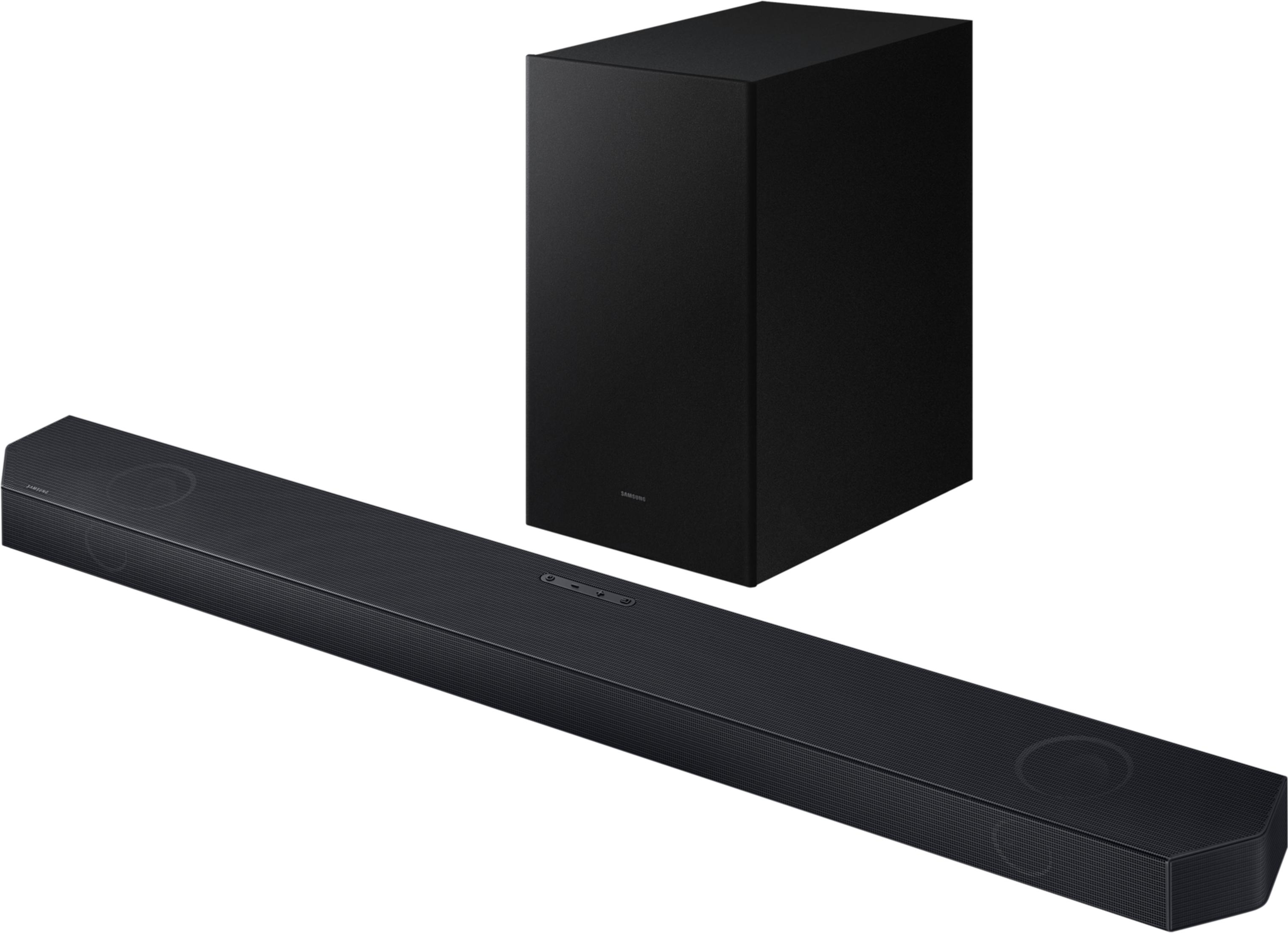 Ein schwarzer Soundbar und Subwoofer stehen nebeneinander auf weißem Grund.