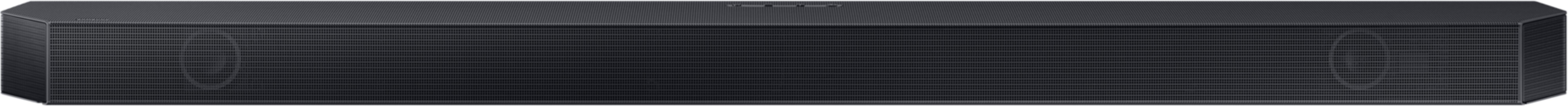 Ein dunkler, rechteckiger Soundbar mit Lautsprechergittern an den Seiten und Tasten oben.