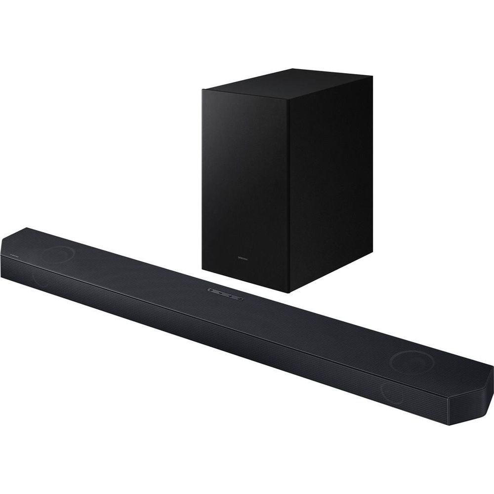 Schwarze Soundbar und Subwoofer auf weißem Hintergrund.