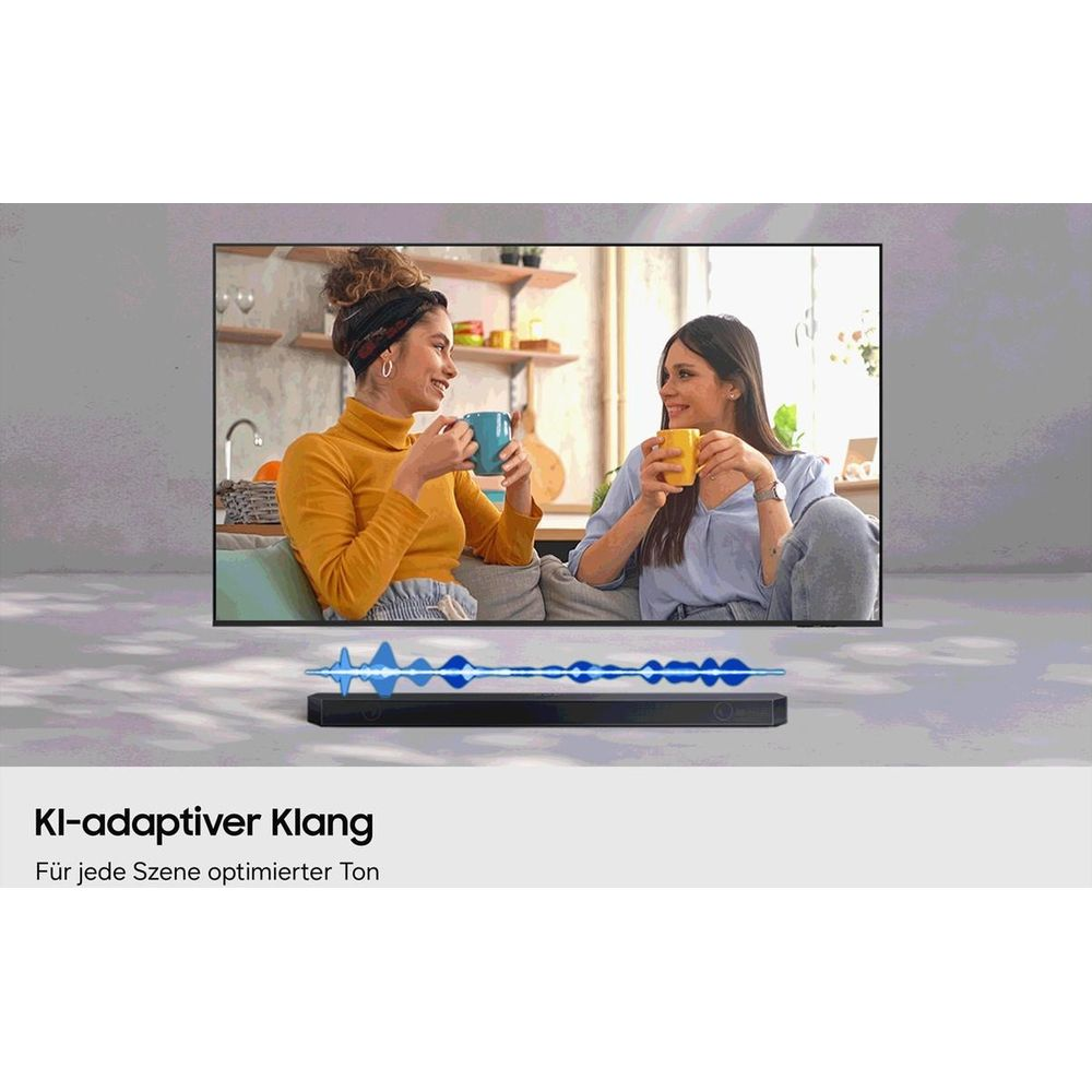 Zwei Frauen trinken Kaffee, daneben eine Soundbar mit Wellenform.