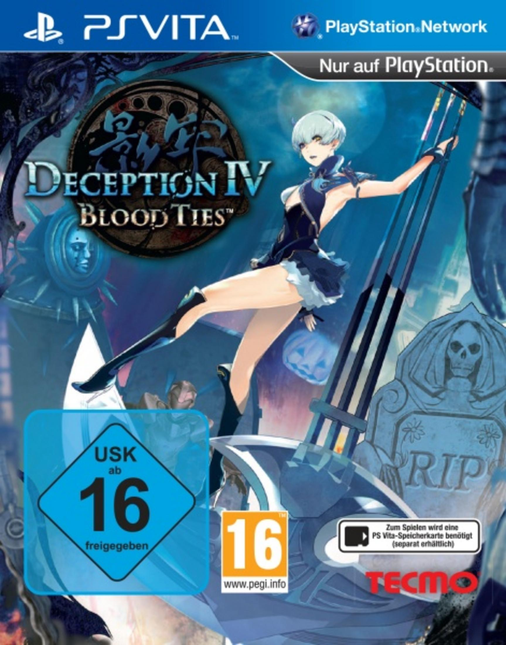 PS Vita Spielcover mit Anime-Figur, "Deception IV: Blood Ties" Schriftzug und Altersfreigabe 16.