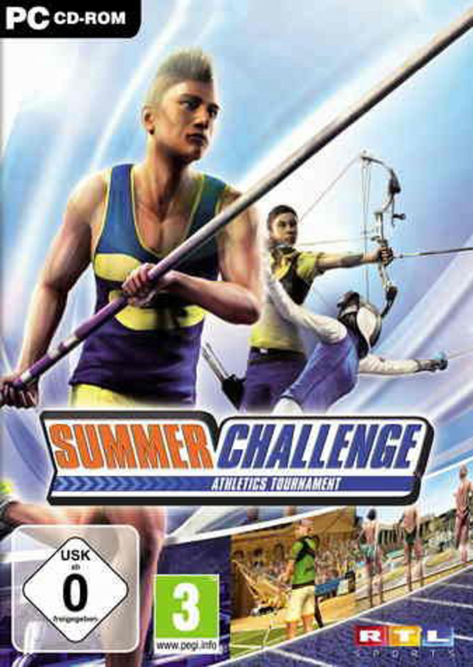 PC CD-ROM-Cover: Athleten bei Wettkämpfen in Laufen, Bogenschießen, Schwimmen. Summer Challenge.