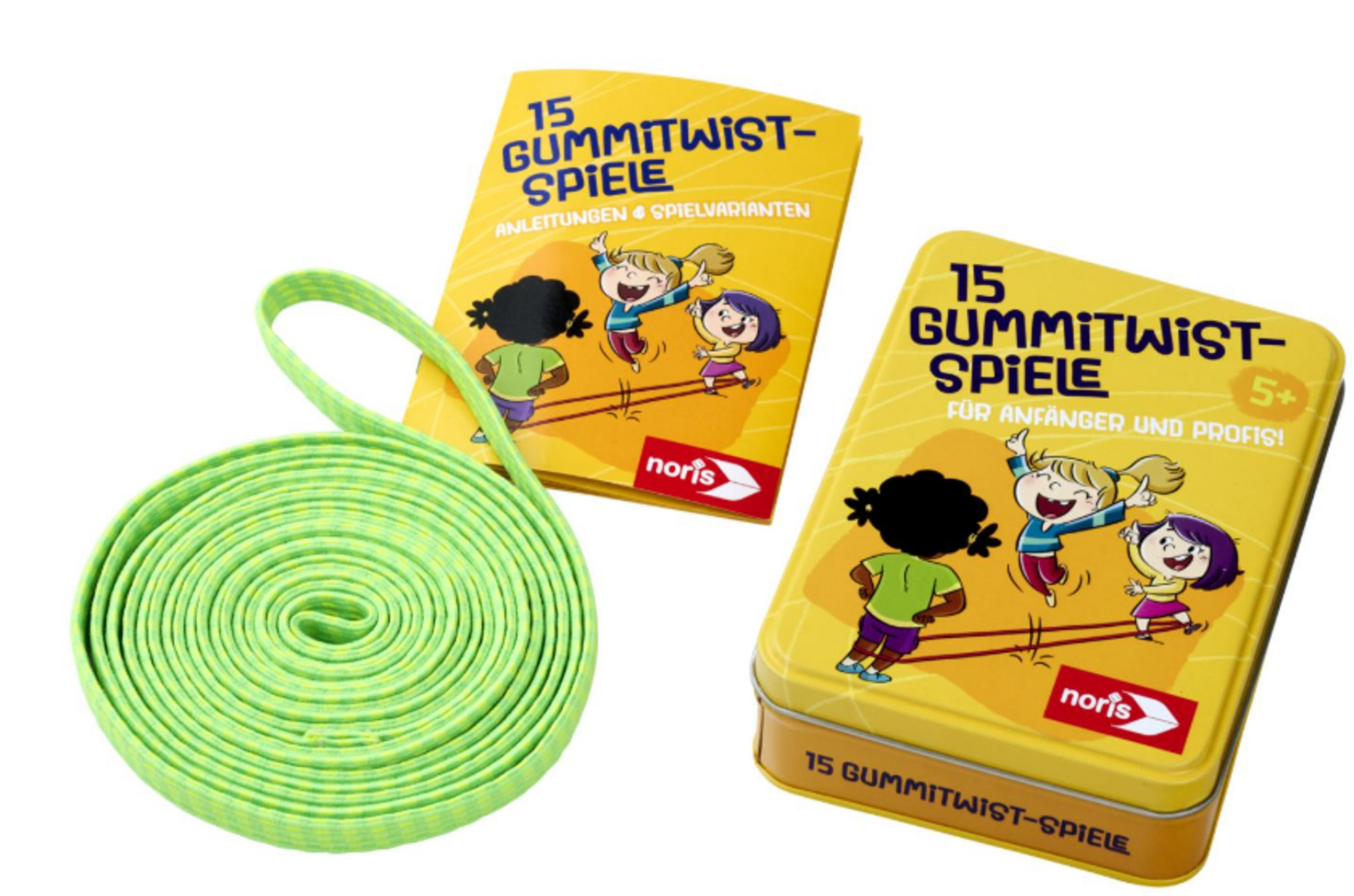 Grün kariertes Gummiband und zwei gelbe Spielboxen mit Kindern.