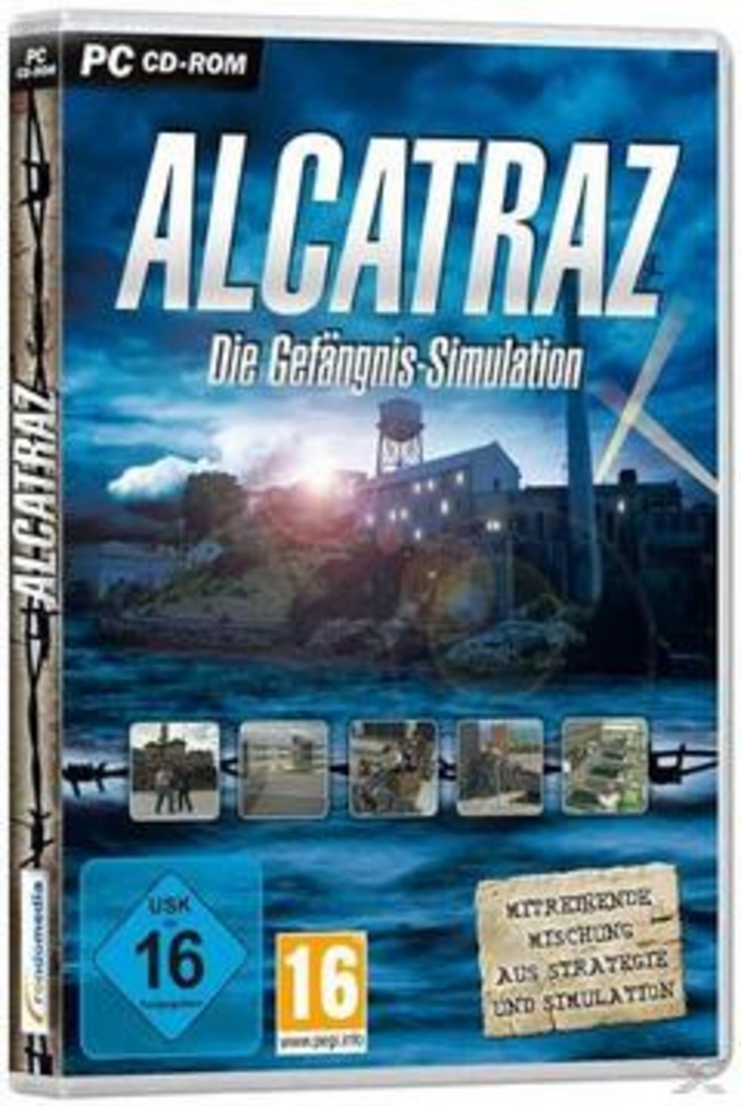 Cover für PC-Spiel "Alcatraz: Die Gefängnis-Simulation" mit Gefängnisbild.