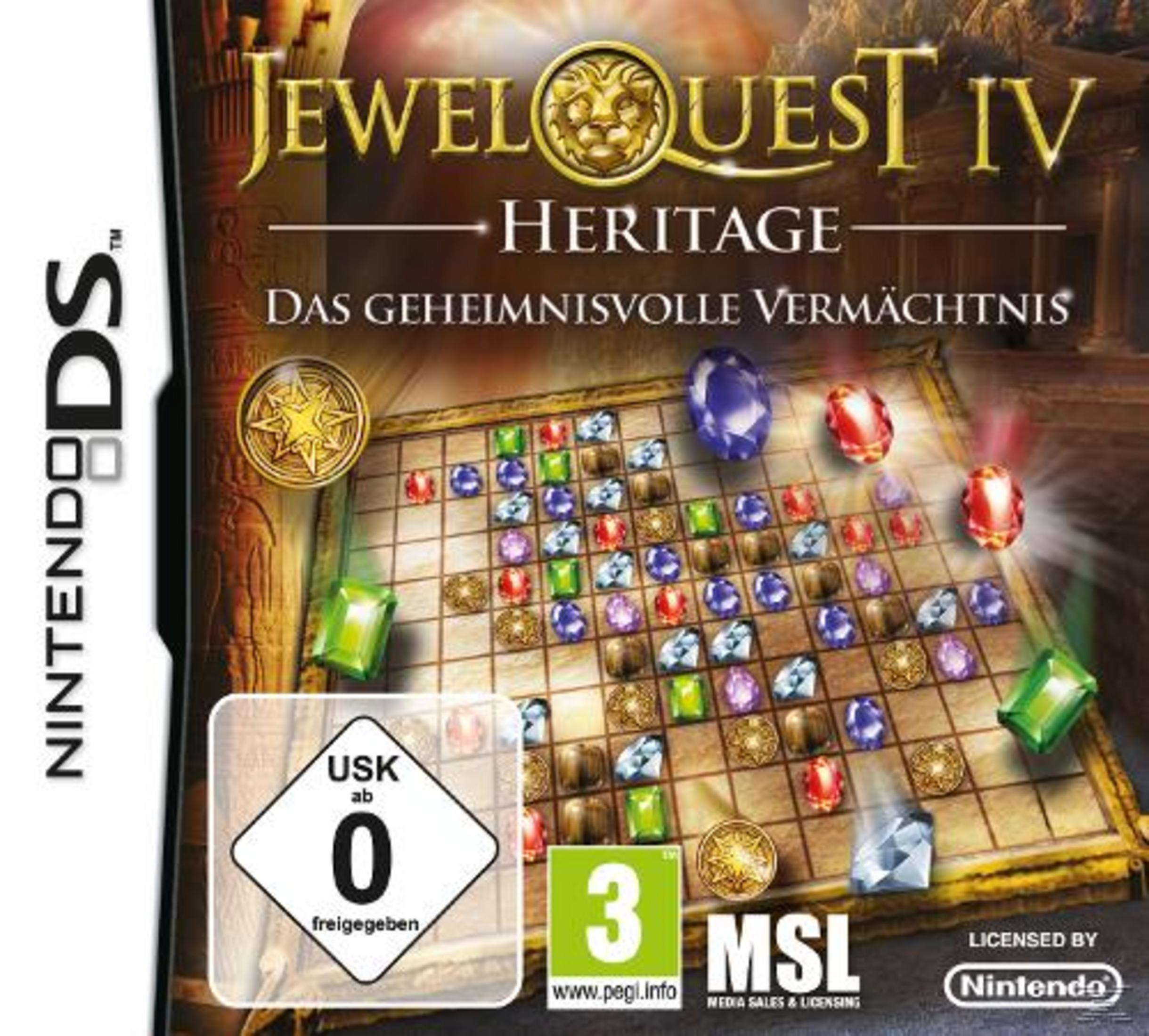 Jewel Quest IV: Heritage Cover mit Spielbrett voller Edelsteine und Nintendo DS Logo.