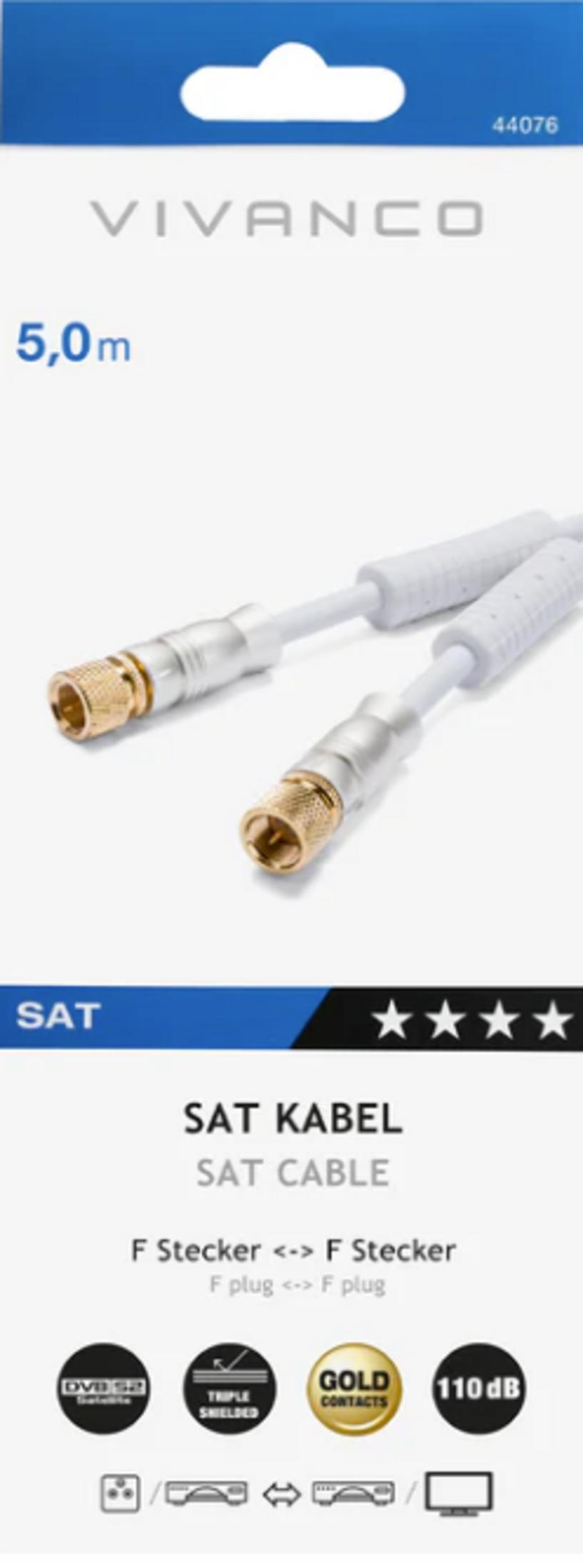 Un cavo SAT bianco da 5m con due connettori F e contatti dorati.