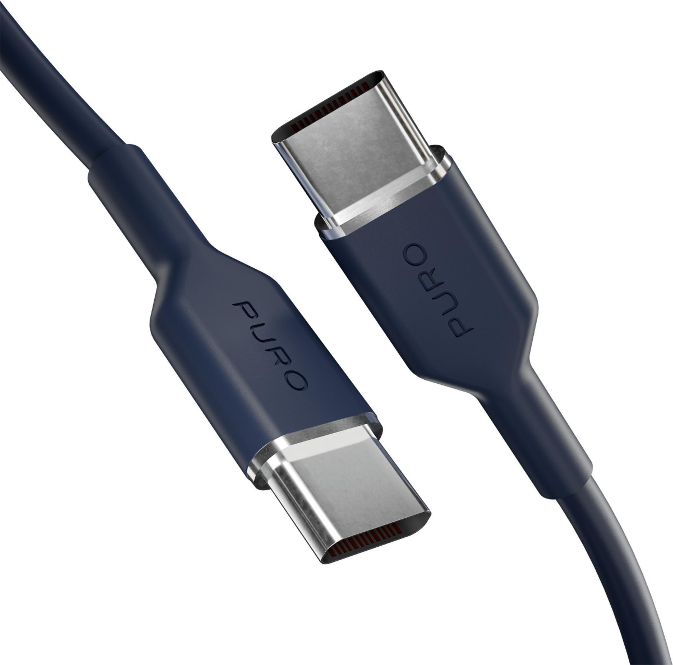 Due cavi USB-C blu scuro con connettori argentati, su sfondo bianco.