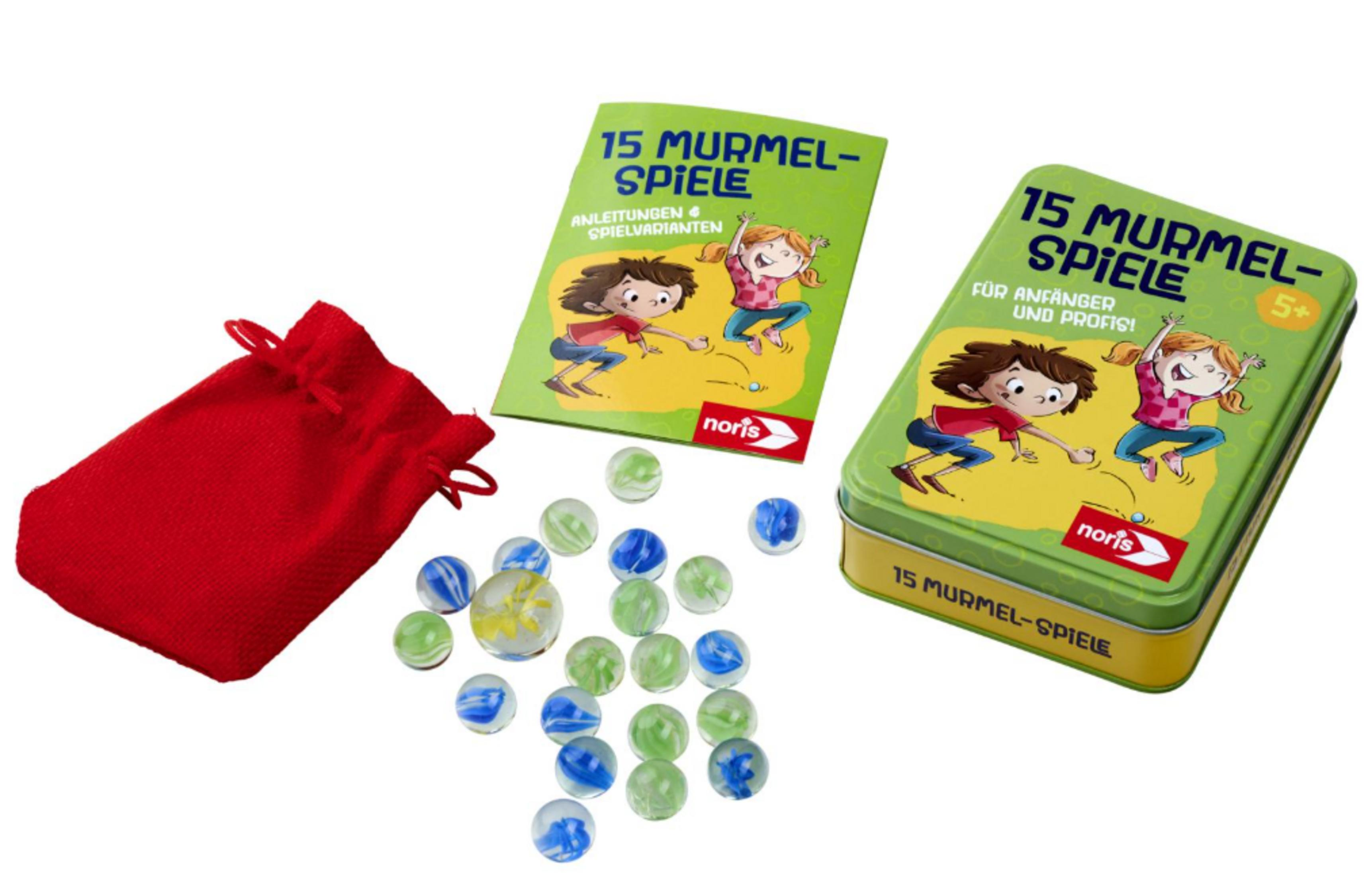 Rote Tasche, Spielkiste und Murmeln mit Anleitungen